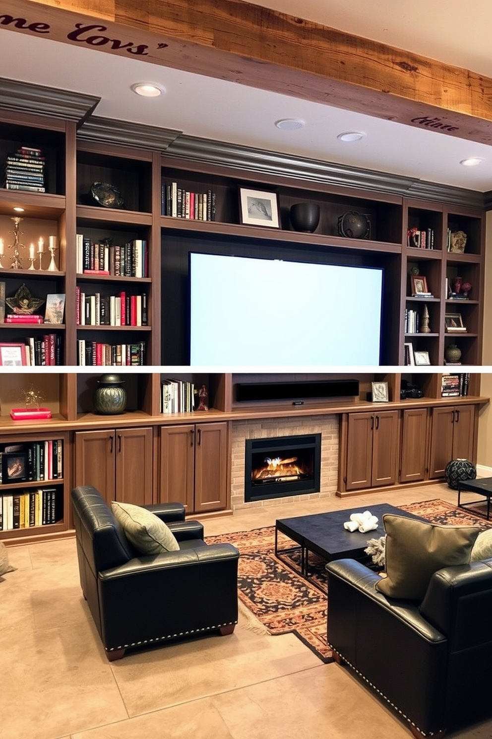 Custom built-in bookcases for decor. The shelves are filled with an array of books, decorative items, and personal mementos, creating a cozy and inviting atmosphere. Unfinished basement man cave design ideas. The space features comfortable seating, a large screen for entertainment, and rustic elements like exposed beams and concrete floors to enhance the relaxed vibe.