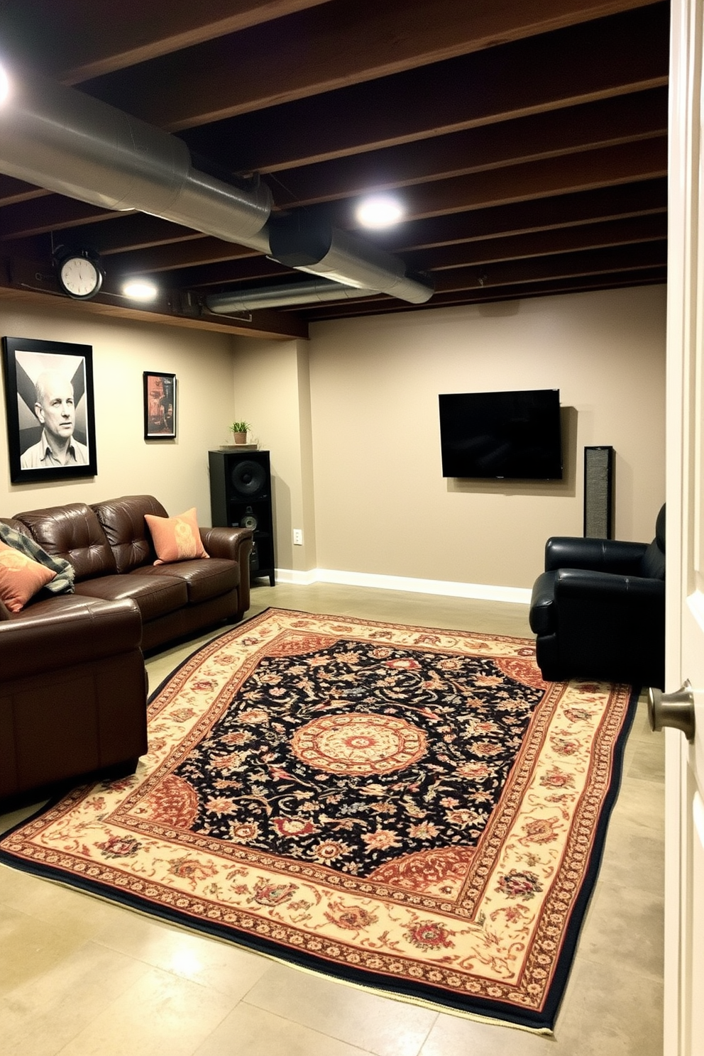 A cozy unfinished basement man cave features a large area rug that defines the space and adds warmth. The rug is layered over a polished concrete floor, creating a comfortable atmosphere for relaxation and entertainment.