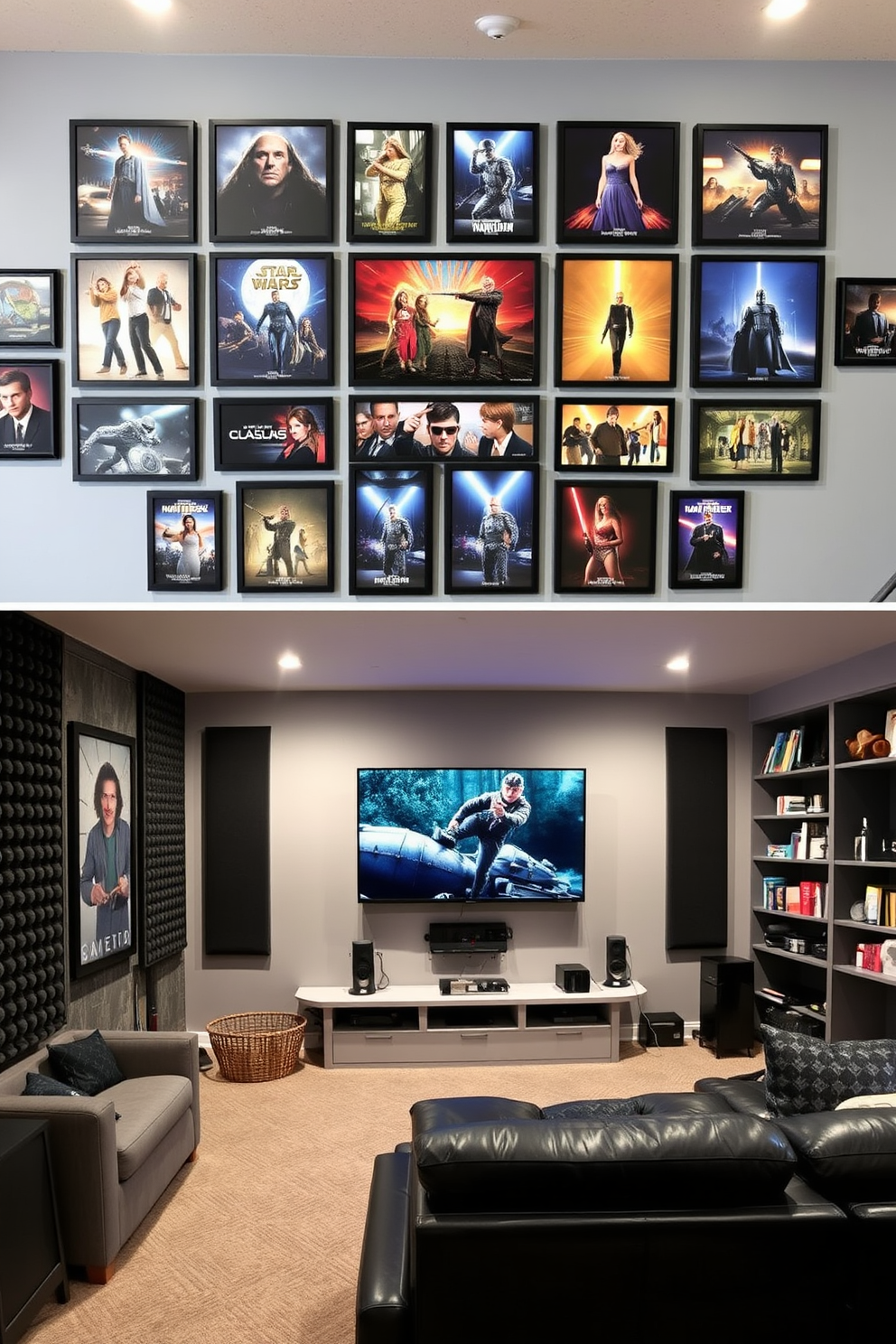 A striking wall art display featuring iconic scenes from favorite movies. The artwork is framed in sleek black frames and arranged in a gallery style on a light gray wall. The unfinished basement is transformed into a stylish man cave with comfortable seating and ambient lighting. A large flat-screen TV is mounted on the wall, surrounded by soundproofing panels and shelves filled with memorabilia.