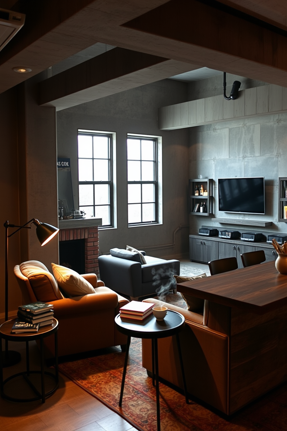 A warm and inviting fireplace setting. The mantel is adorned with family photos and a few decorative items, while a soft rug lies in front of the hearth. The unfinished basement is transformed into a stylish man cave. Plush seating is arranged around a large flat-screen TV, and a small bar area is set up with high stools.