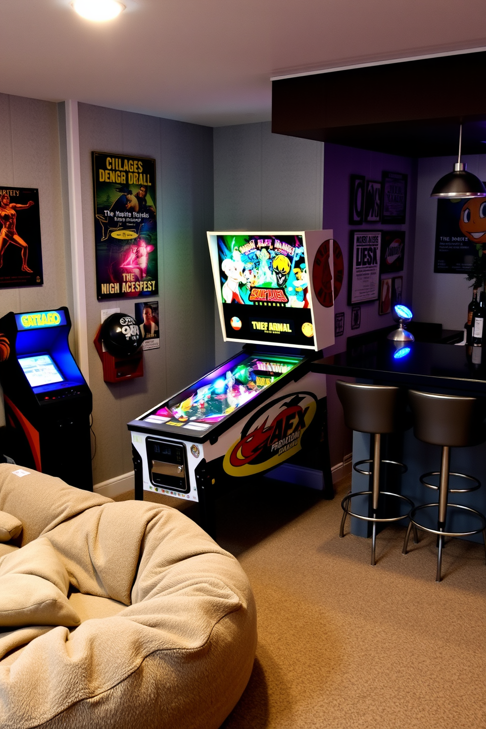 A vibrant pinball machine sits prominently in the corner of the unfinished basement, its colorful lights reflecting off the walls. Surrounding the machine, a cozy seating area features plush bean bags and a retro arcade game console for added entertainment. The walls of the man cave are adorned with vintage posters and memorabilia, creating a nostalgic atmosphere. A sleek bar area with high stools invites friends to gather and enjoy drinks while enjoying the lively ambiance.