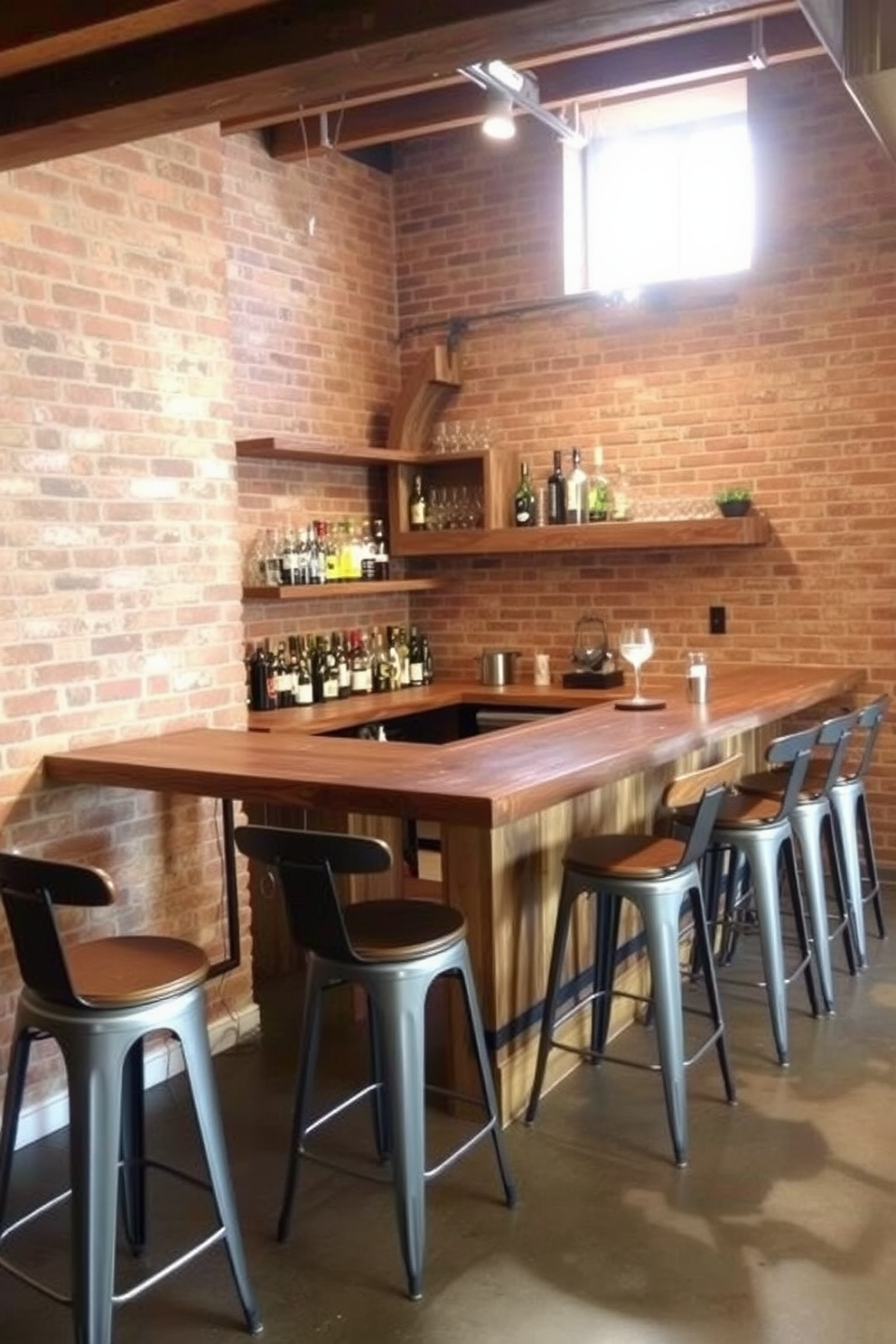 A rustic wood bar with high stools is the centerpiece of the unfinished basement man cave. The bar features a reclaimed wood countertop and open shelving stocked with various spirits and glassware. Surrounding the bar are high stools made of metal and wood, providing a comfortable seating area for guests. The walls are exposed brick, creating an industrial vibe, while warm lighting adds a cozy ambiance to the space.