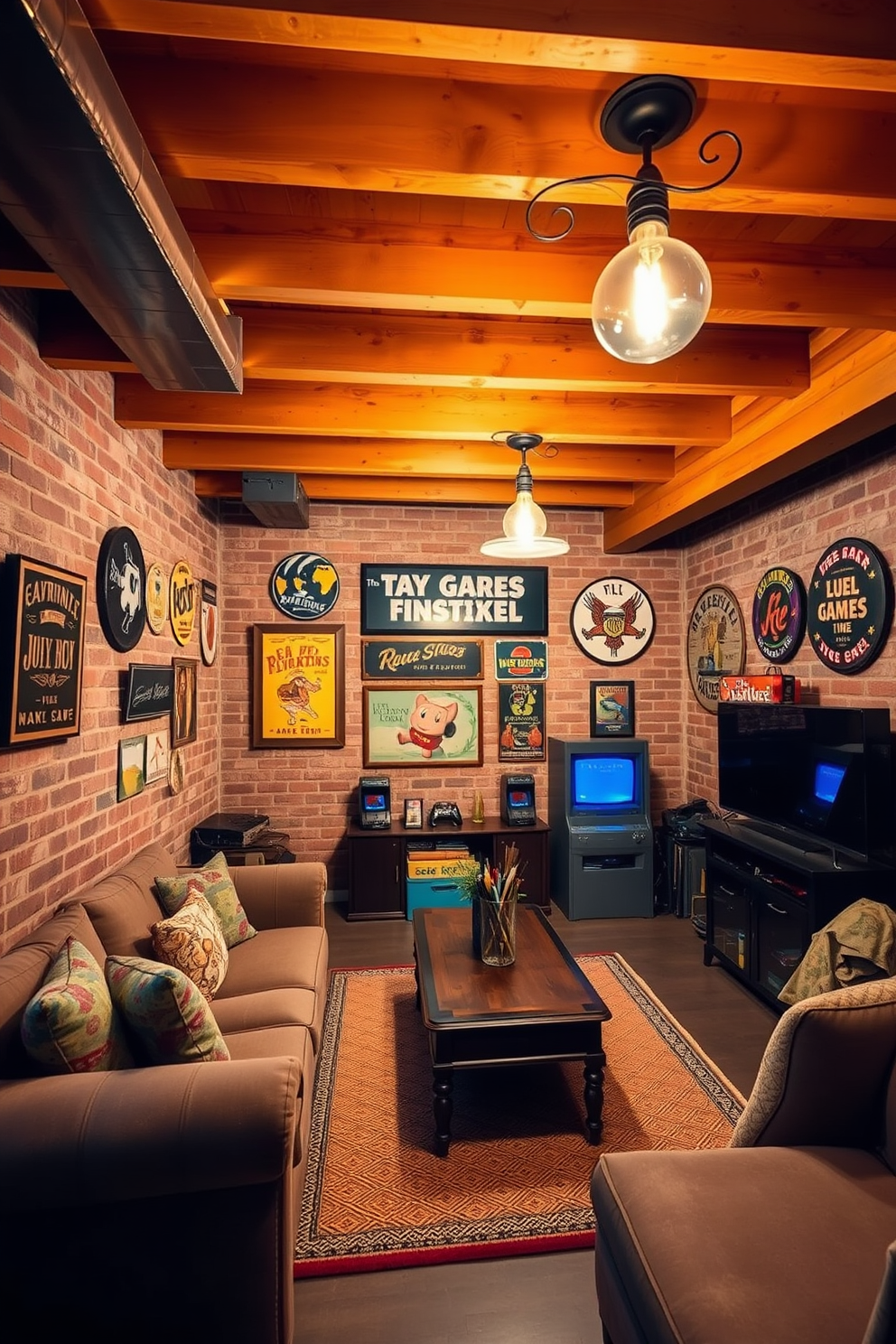 A cozy unfinished basement man cave features exposed brick walls and warm wooden beams overhead. The space is furnished with a large sectional sofa, a vintage coffee table, and an entertainment center filled with retro gaming consoles. Vintage signs adorn the walls, showcasing classic advertisements and nostalgic imagery that evoke a sense of nostalgia. The lighting is soft and inviting, with Edison bulb fixtures hanging from the ceiling, creating a warm ambiance perfect for relaxation and entertainment.