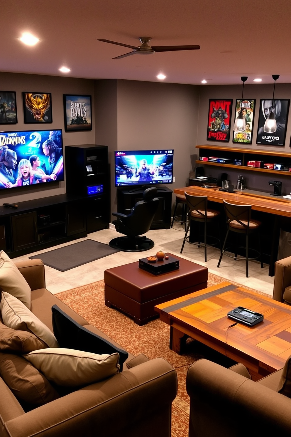 A cozy man cave in an unfinished basement featuring mood lighting with LED strips. The walls are painted in a deep navy blue, and the ceiling is exposed with wooden beams adding character. A large sectional sofa is positioned in the center, adorned with plush throw pillows. A custom-built bar area is illuminated by warm LED lights, showcasing a selection of spirits and glassware.