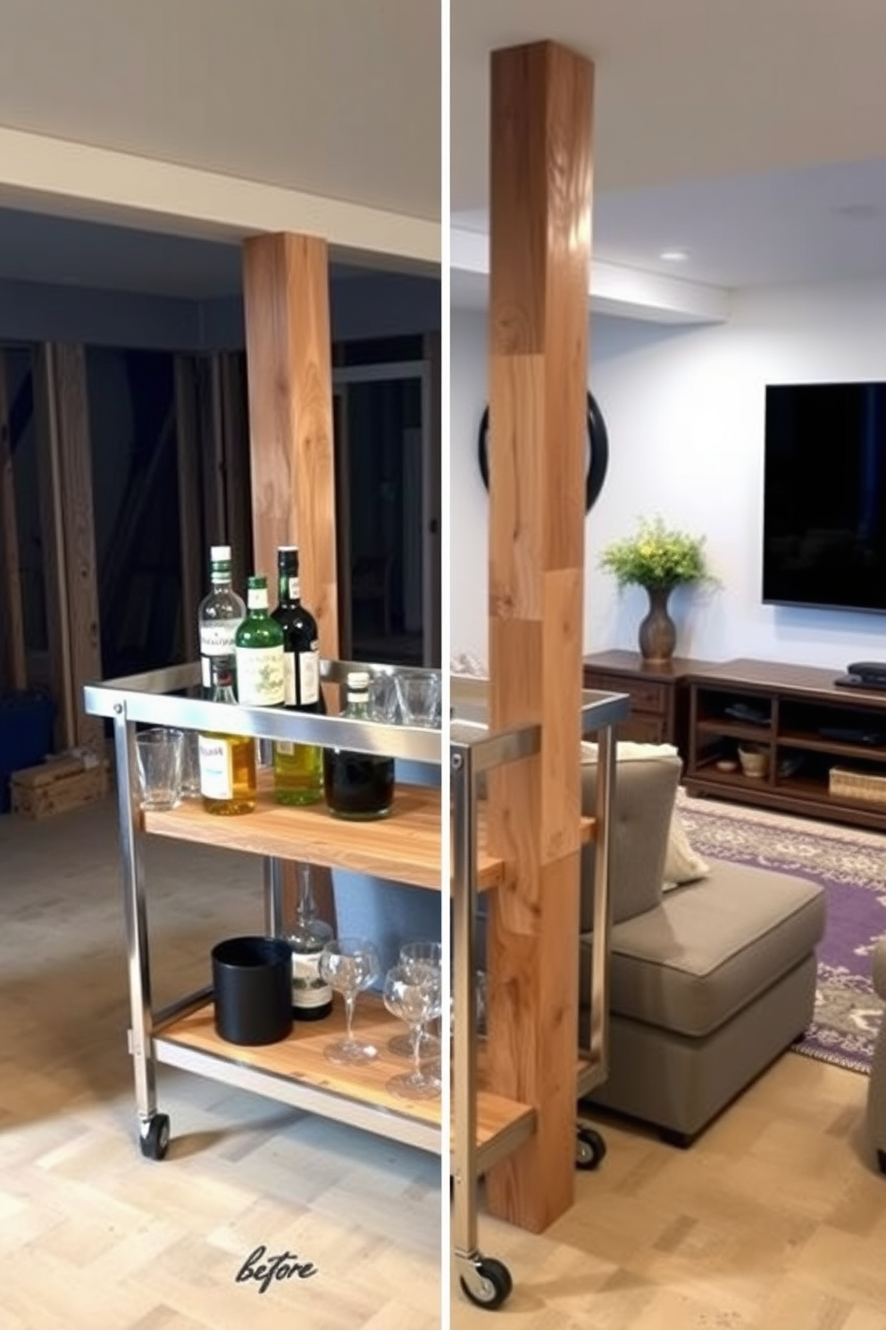 A cozy unfinished basement man cave with wall-mounted speakers for great sound. The space features a large sectional sofa in a deep blue fabric, a rustic wooden coffee table, and ambient lighting that creates a warm atmosphere.