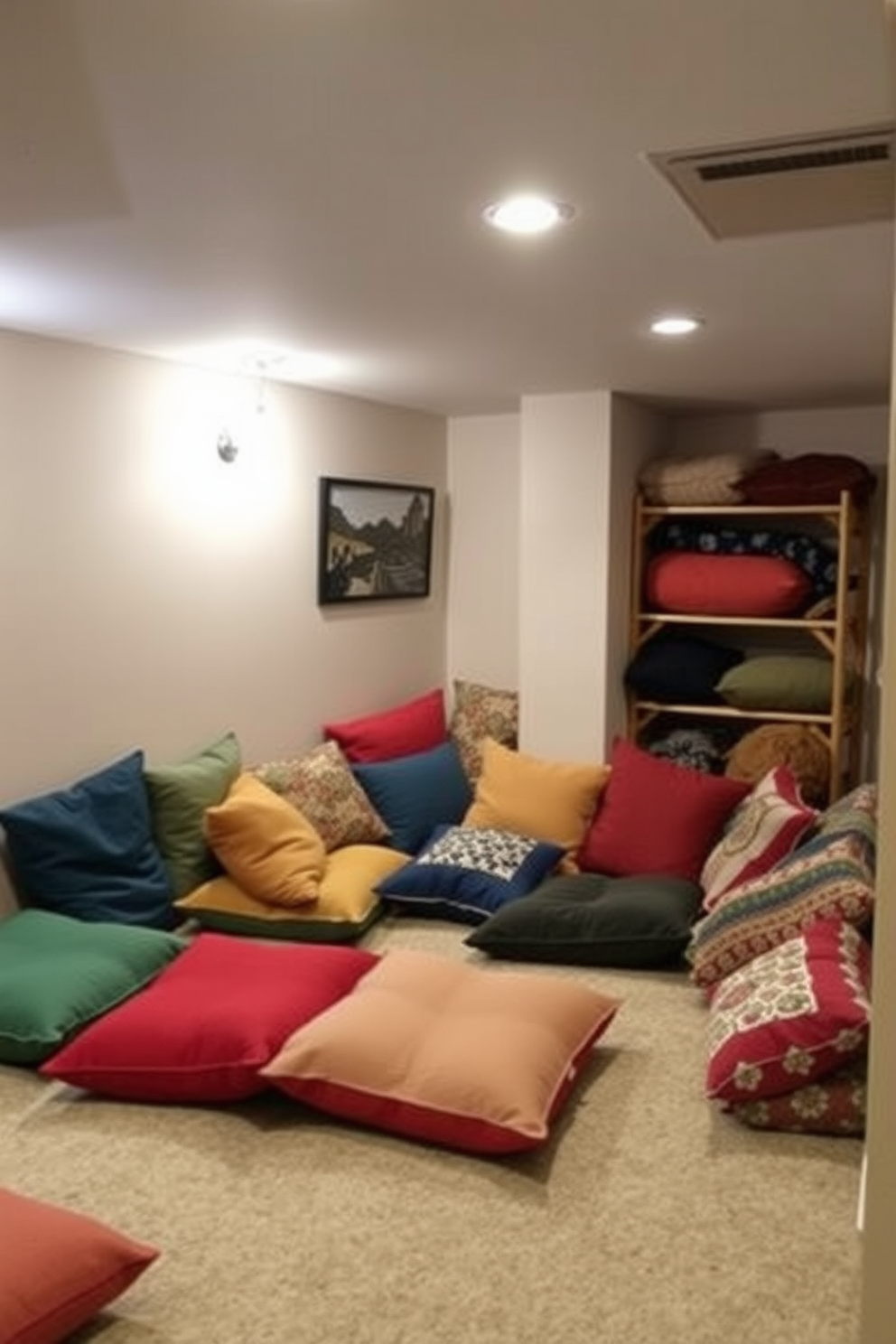 A cozy unfinished basement man cave features an array of colorful floor cushions arranged in a casual seating area. The space is illuminated by soft lighting, creating a warm ambiance perfect for relaxation and entertainment.