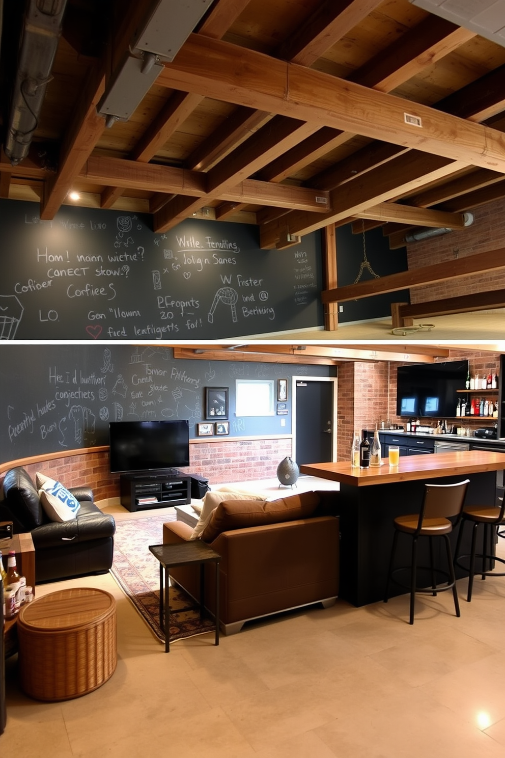 A chalkboard wall spans one side of the room, inviting creativity and spontaneous doodles. Surrounding the wall are cozy seating options and warm lighting to create an inviting atmosphere for casual gatherings. The unfinished basement is transformed into a man cave with exposed beams and industrial-style decor. A large sectional sofa faces a big-screen TV, while a rustic bar area features high stools and a selection of favorite beverages.