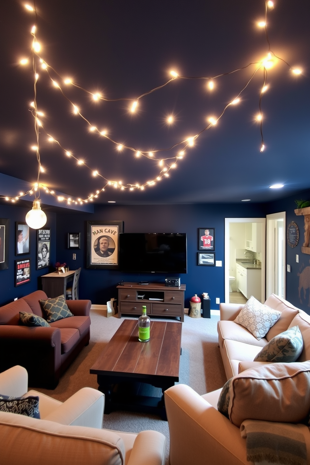 Decorative string lights hang gracefully from the ceiling, casting a warm and inviting glow throughout the space. The walls are painted in a deep navy blue, creating a cozy atmosphere perfect for relaxation and entertainment. The unfinished basement features a stylish man cave design with comfortable seating arranged around a rustic wooden coffee table. A large flat-screen TV is mounted on the wall opposite the seating, while vintage posters and memorabilia adorn the walls, adding character and charm to the space.