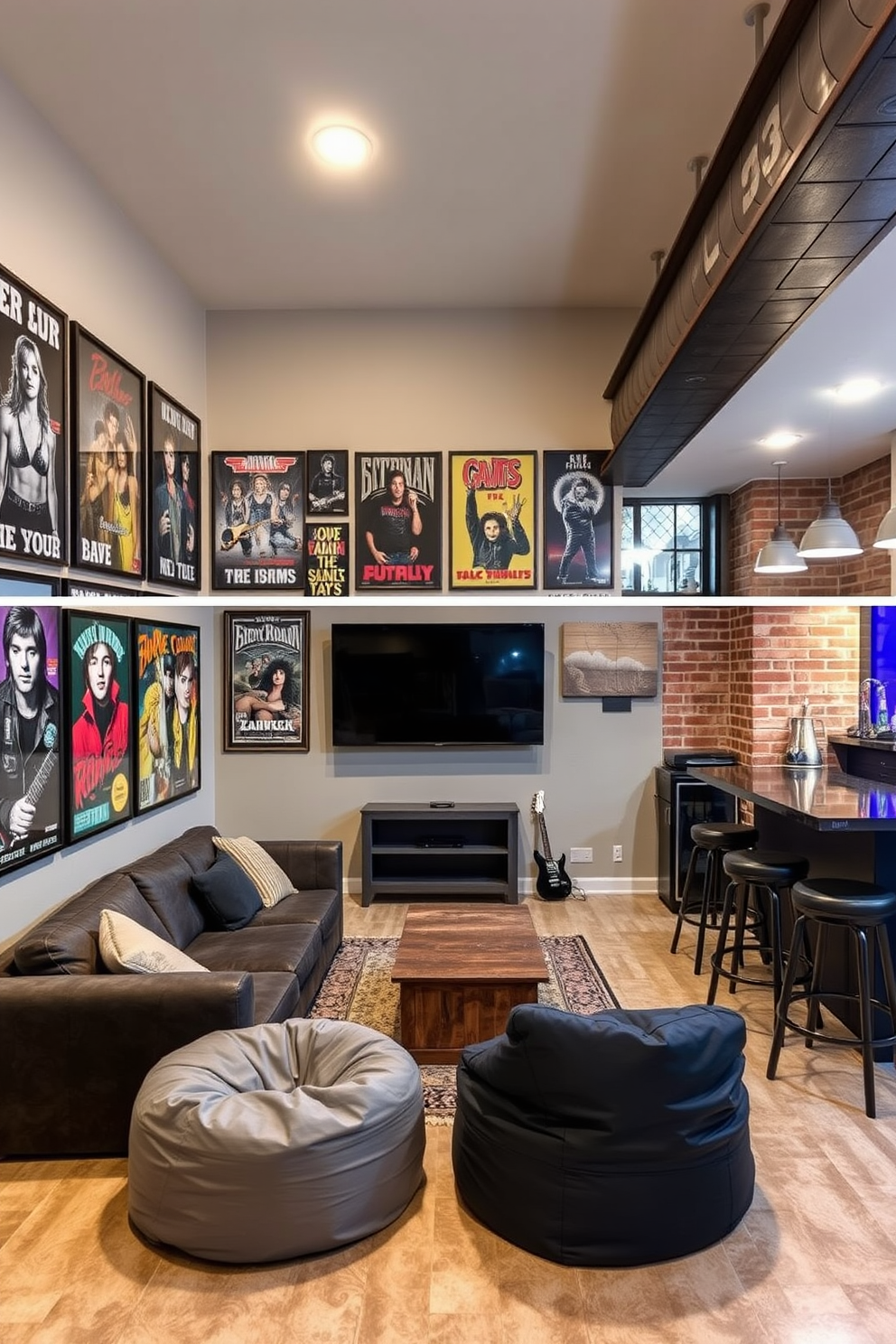 Framed posters of favorite bands adorn the walls, creating a vibrant and nostalgic atmosphere. The space is filled with comfortable seating options, including a plush sectional sofa and bean bags, inviting friends to gather and enjoy music. The unfinished basement is transformed into a stylish man cave, featuring exposed brick walls and industrial lighting. A custom bar area with stools provides a perfect spot for entertaining, while a large screen television is mounted for movie nights and gaming sessions.