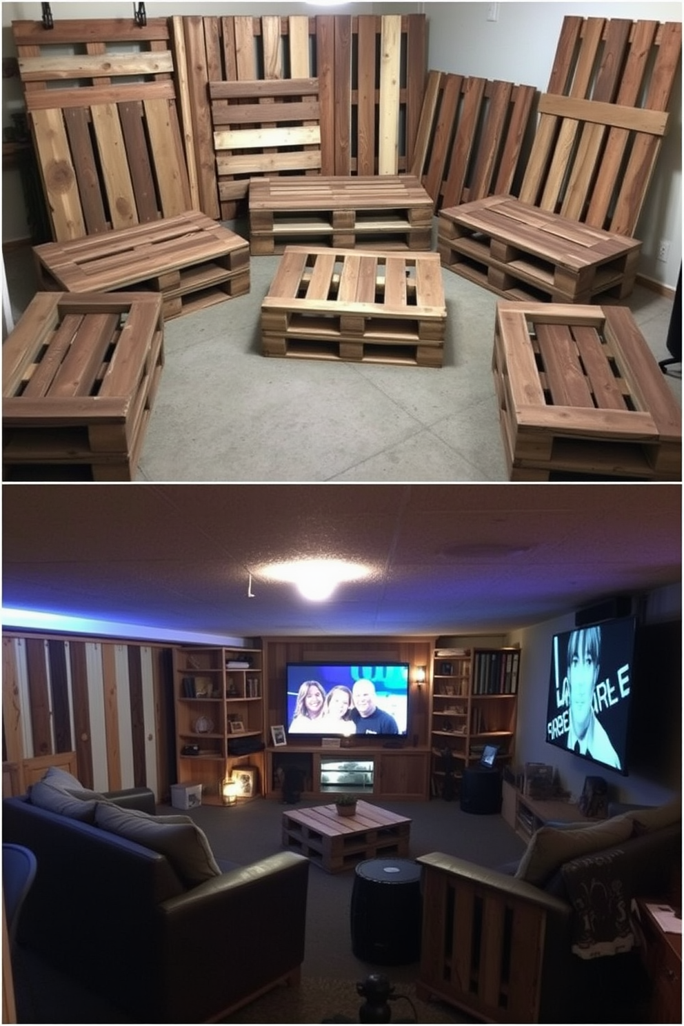 A collection of wooden pallets arranged to create unique furniture pieces. Each piece showcases the natural grain and texture of the wood, providing a rustic charm to the space. An unfinished basement transformed into a cozy man cave. The design features comfortable seating, a large screen for entertainment, and ambient lighting to create a welcoming atmosphere.