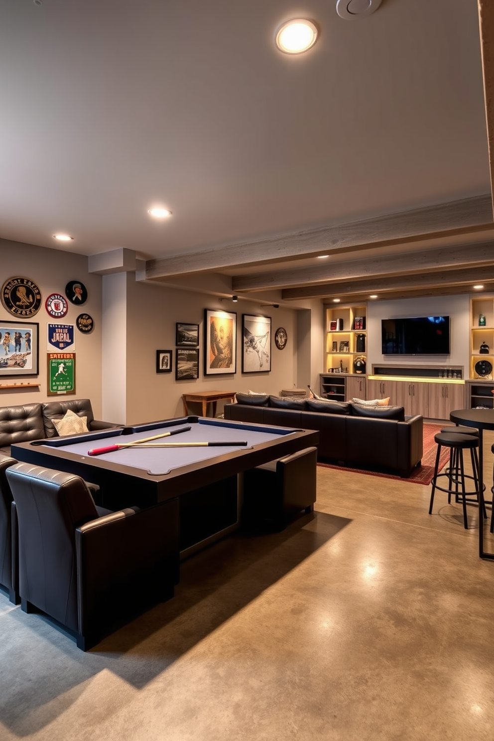 A dynamic game zone featuring a sleek pool table at the center surrounded by comfortable leather seating. The walls are adorned with vintage sports memorabilia and warm ambient lighting creates a cozy atmosphere for entertainment. An unfinished basement transformed into a stylish man cave with exposed beams and polished concrete floors. The space includes a large sectional sofa, a mini bar with high stools, and a wall-mounted television for the ultimate relaxation and gaming experience.