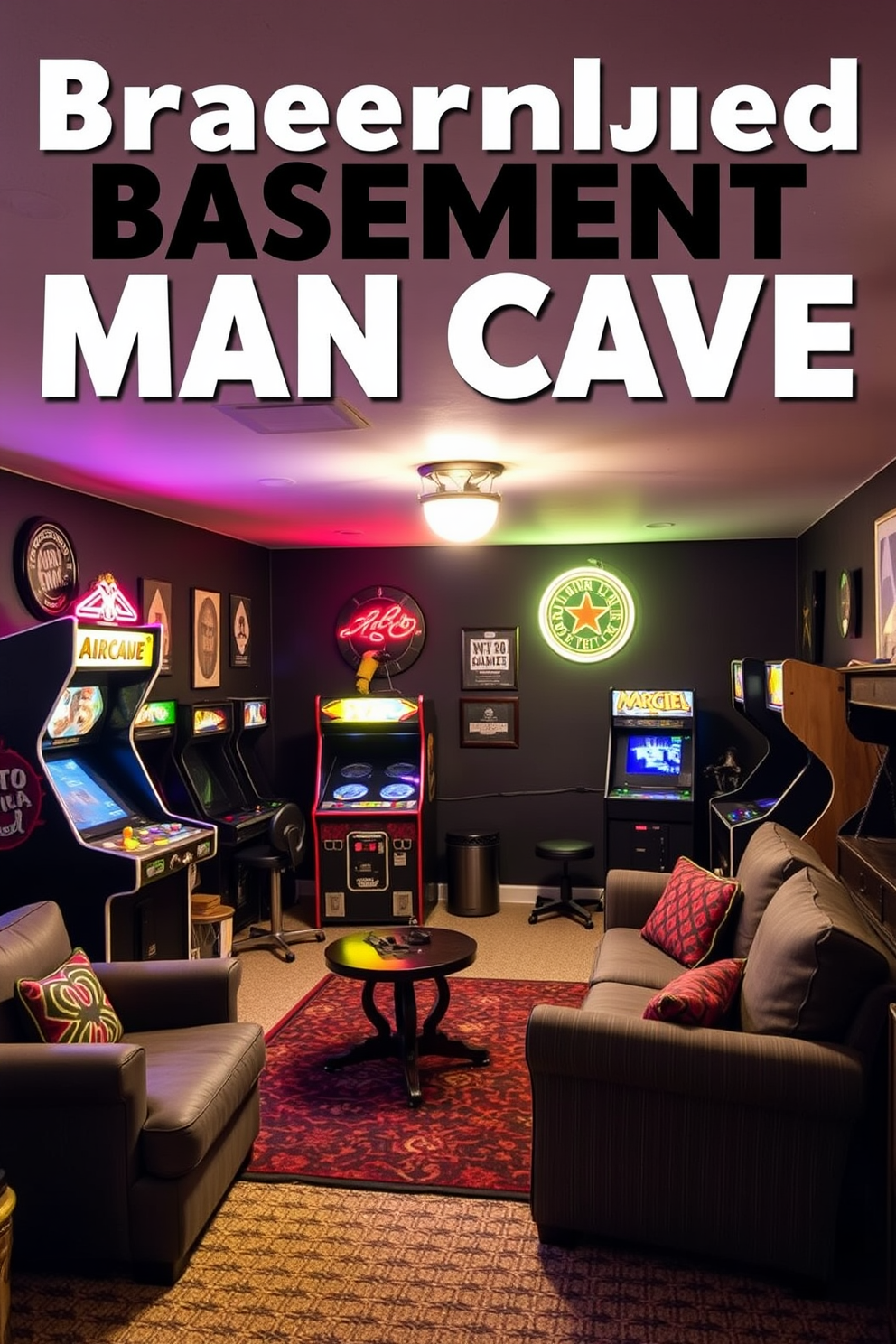 Create a cozy unfinished basement man cave that features vintage arcade games for entertainment. The space is filled with retro decor, including neon signs and comfortable seating, while the walls are painted a dark shade to enhance the gaming atmosphere.