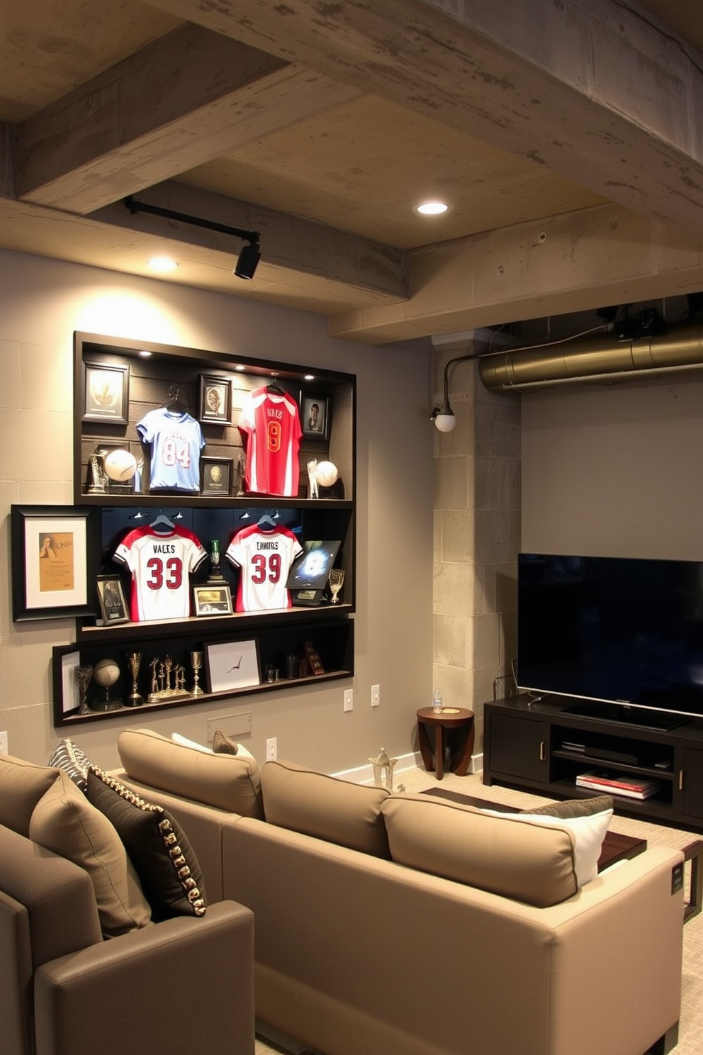 A stylish sports memorabilia display on shelves features framed jerseys, signed baseballs, and collectible trophies. The shelves are arranged in a way that highlights each piece, with spotlights illuminating the display against a dark wood backdrop. The unfinished basement man cave design incorporates comfortable seating, a large flat-screen TV, and a mini bar. Exposed beams and concrete walls create an industrial vibe, while soft lighting adds warmth to the space.