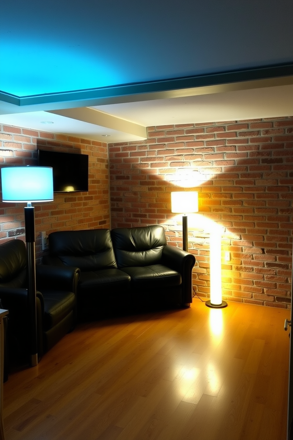 A cozy unfinished basement man cave featuring ambient lighting created by stylish floor lamps placed strategically around the space. The walls are exposed brick, and the flooring is a warm wood finish, enhancing the inviting atmosphere for relaxation and entertainment.