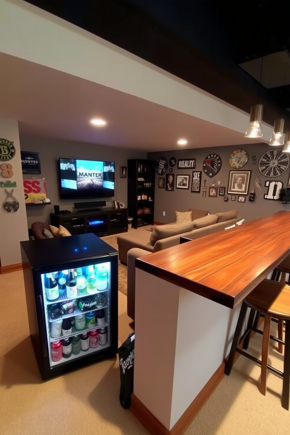 A mini fridge stocked with an assortment of beverages sits in the corner of a cozy unfinished basement man cave. The space is designed with comfortable seating, ambient lighting, and sports memorabilia adorning the walls for a relaxed atmosphere. The man cave features a large sectional sofa facing a big screen TV, perfect for movie nights and game days. A rustic wooden bar with high stools complements the overall aesthetic, creating an inviting space for entertaining friends.