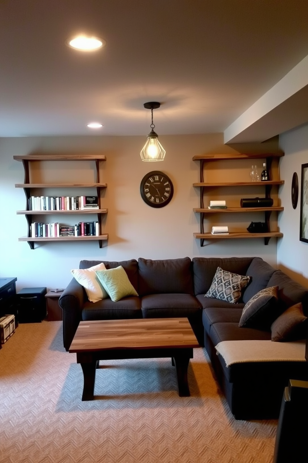 A cozy unfinished basement man cave featuring DIY wooden shelves for storage. The shelves are crafted from reclaimed wood and are mounted on the walls, providing ample space for books and decorative items. In the center of the room, a comfortable sectional sofa invites relaxation, complemented by a rustic coffee table. Soft lighting fixtures hang from the ceiling, creating a warm ambiance perfect for entertaining friends.