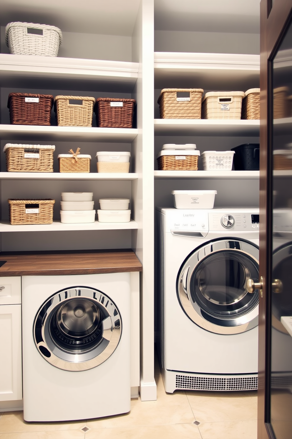 A utility room designed with open shelving for easy access storage features neatly arranged baskets and labeled containers. The space incorporates a combination of a laundry area with a sleek washer and dryer, complemented by a stylish countertop for folding clothes.