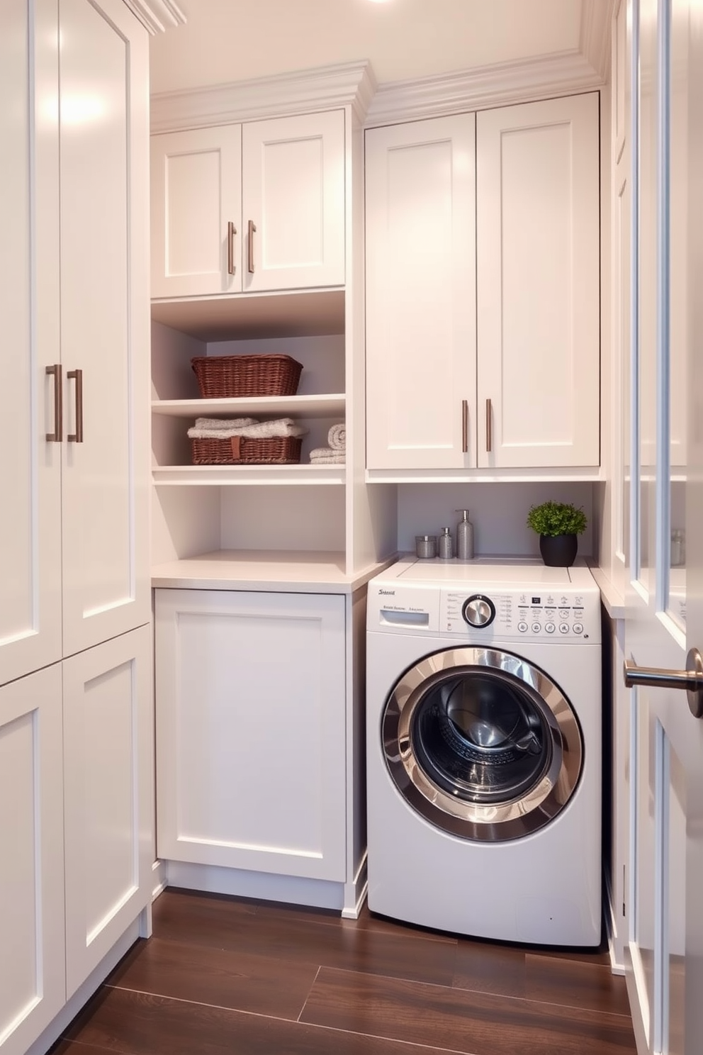 A stylish utility room features hidden appliances seamlessly integrated behind sleek cabinet doors. The space is designed for efficiency, with ample storage and a functional layout that maximizes usability. The laundry room combo includes a stacked washer and dryer tucked away within custom cabinetry. Soft, neutral colors and modern fixtures create a welcoming environment, making laundry tasks feel less like a chore.