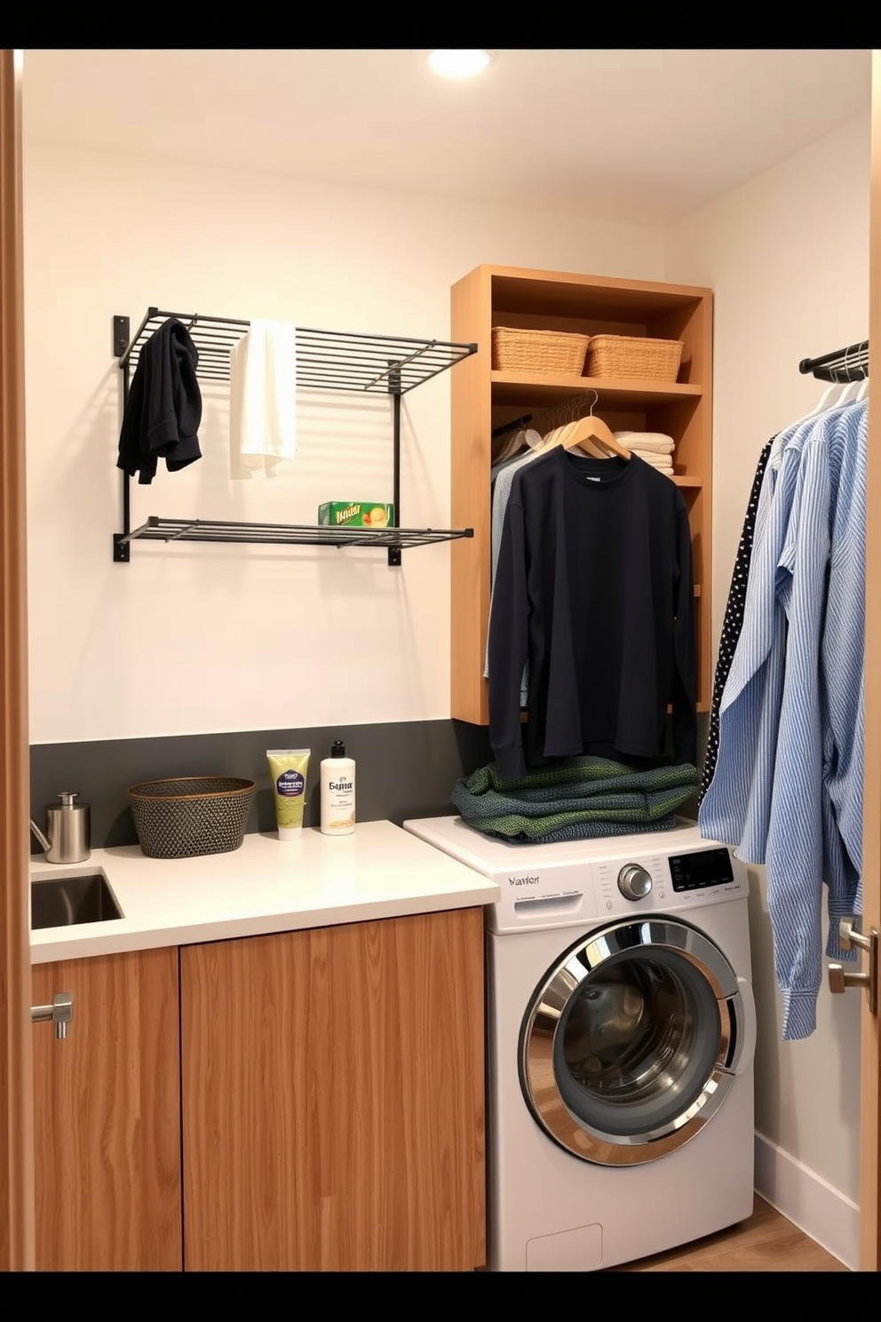 A utility room laundry room combo designed with a neutral color palette creates a calming and functional space. The walls are painted in soft beige while the cabinetry features a light gray finish, providing a serene backdrop for the room. Incorporate open shelving to display neatly folded towels and laundry essentials, enhancing both organization and aesthetics. A stylish countertop in white quartz offers ample space for folding clothes, complemented by a woven basket for added texture.