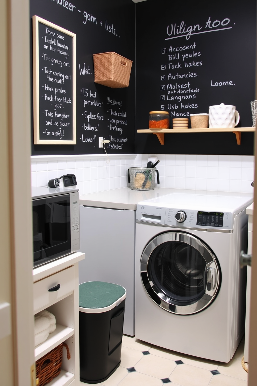 A functional utility room with a chalkboard wall for reminders and lists creates an organized and efficient space. The laundry room features a combination of modern appliances and ample storage solutions, ensuring everything has its place.