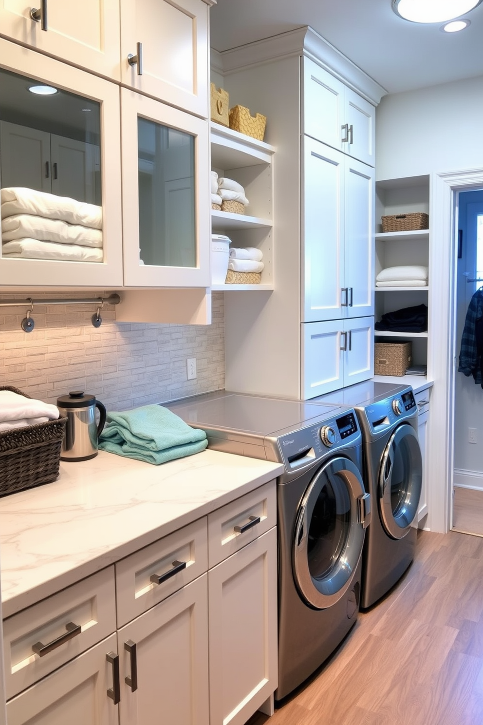 A utility room featuring glass front cabinets for display storage creates an elegant yet functional space. The cabinets showcase neatly organized laundry essentials, while the room is accented with a stylish countertop for folding clothes. The laundry room combo design incorporates a sleek washer and dryer beneath the cabinets, maximizing space efficiency. Soft lighting highlights the glass fronts, enhancing the overall aesthetic and making it a welcoming area for household chores.