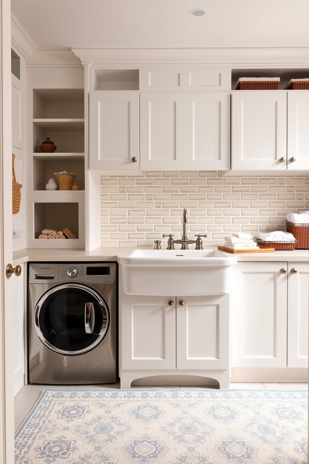 A stylish utility room that maximizes space with compact appliances seamlessly integrated into the design. The room features a stacked washer and dryer unit with a sleek countertop above for folding laundry, surrounded by open shelving for easy access to cleaning supplies. The cabinetry is painted in a soft white hue, providing a clean and airy feel while complementing the light gray walls. A small, functional sink is positioned next to the appliances, ideal for quick clean-ups, and decorative baskets are used for organized storage.