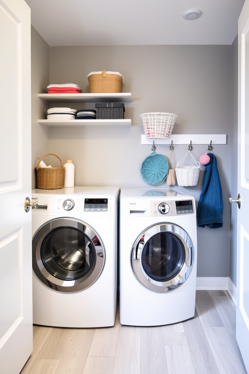 A utility room with a modern laundry setup featuring decorative hooks for stylish storage. The walls are painted in a soft gray, and the floor is covered with durable vinyl tiles in a light wood finish. Incorporate open shelving above the washer and dryer for easy access to laundry supplies. The decorative hooks are mounted on a feature wall, showcasing colorful baskets and accessories for an organized yet chic look.