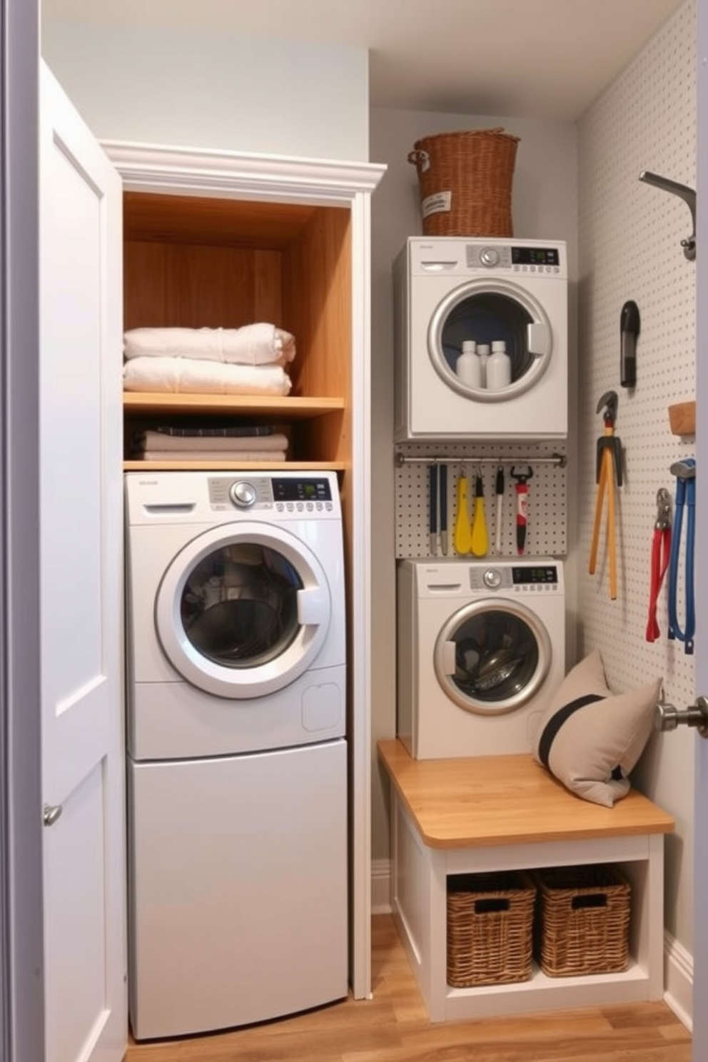 A compact utility room with clever storage solutions designed for maximum efficiency. Open shelving above the washer and dryer holds neatly folded towels and laundry essentials while a pull-out ironing board is tucked into the cabinetry. A combination laundry room featuring a stacked washer and dryer saves space while providing functional storage. A built-in bench with baskets underneath offers a place to sit and store items, and a pegboard wall organizes tools and cleaning supplies.