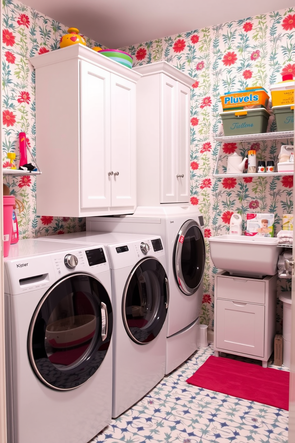 A functional utility room that seamlessly combines laundry and storage. The countertop above the machines is crafted from durable quartz, providing ample space for folding clothes and organizing supplies. The walls are painted in a light gray hue, creating an airy atmosphere, while the floor features resilient vinyl tiles for easy maintenance. Shelving units are installed above the machines, adorned with neatly arranged baskets and decorative storage containers.