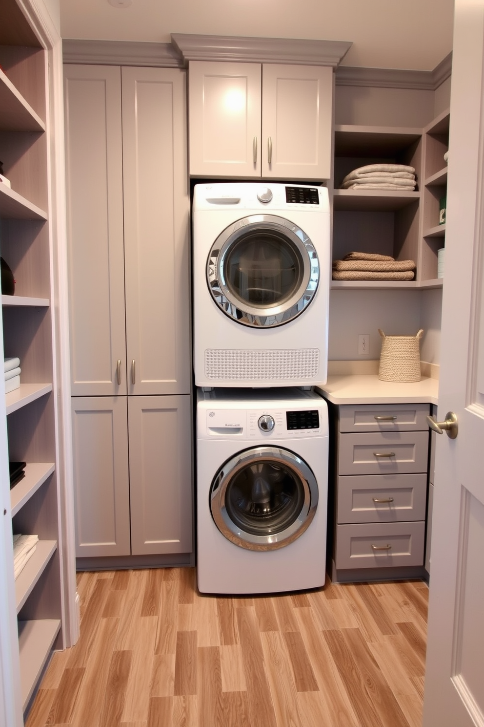 A modern utility room featuring a stackable washer and dryer seamlessly integrated into the cabinetry. The space is designed with a light gray color palette and includes open shelving for storage and organization. The floor is adorned with durable vinyl planks that mimic wood, providing both style and practicality. A small folding station with a countertop is positioned next to the laundry appliances for convenience.