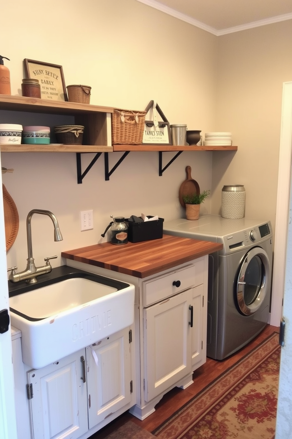 A cozy utility room laundry combo features vintage accents that add charm and character. The space includes a classic farmhouse sink with an antique faucet and open shelving displaying rustic baskets and vintage laundry supplies. A distressed wooden countertop provides a functional workspace while complementing the retro-style washing machine and dryer. Soft, muted colors on the walls enhance the inviting atmosphere, and a vintage rug adds warmth underfoot.