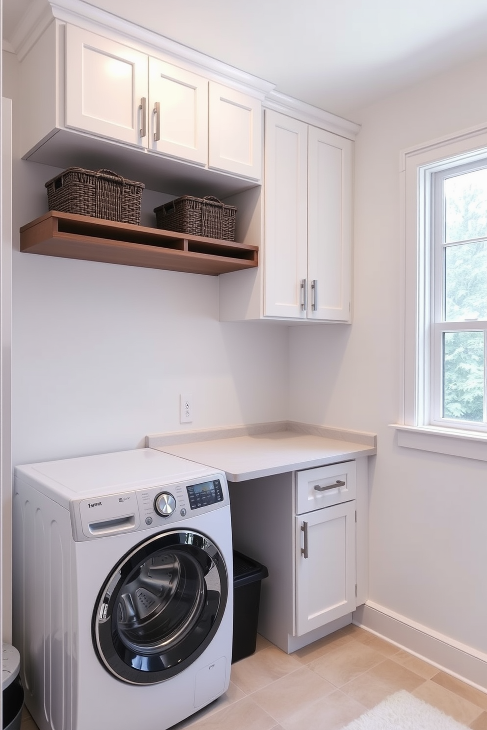 A stylish utility room that combines functionality and aesthetic appeal. The design features vertical storage solutions, including wall-mounted shelves and cabinets, to maximize space efficiently. The laundry room area includes a sleek washer and dryer stacked for optimal use of floor space. A folding counter above the machines provides a practical workspace, while decorative baskets offer organized storage for laundry essentials.