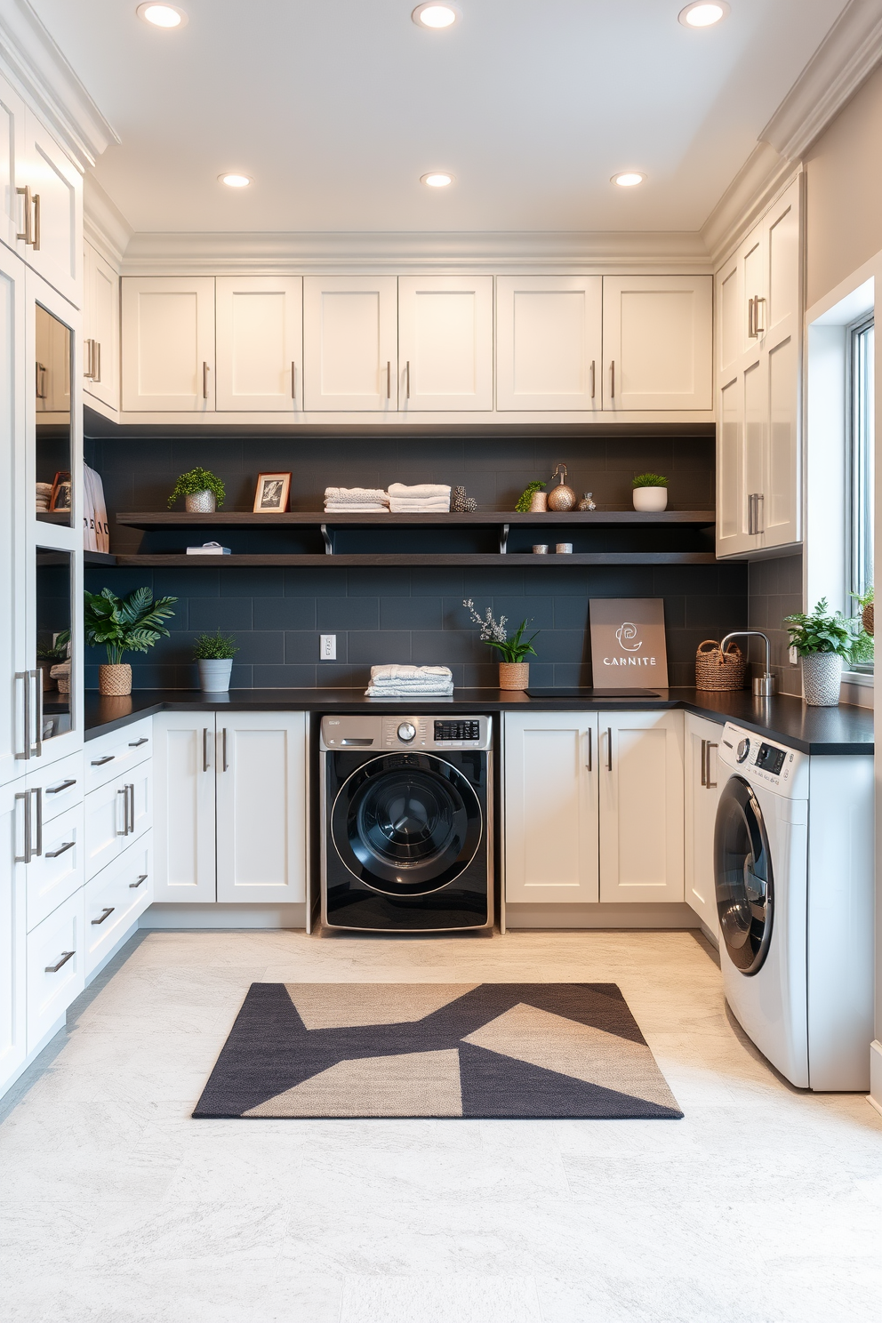 A sleek modern utility room featuring a combination of laundry and storage spaces. The design includes minimalist cabinetry with a glossy finish, and a countertop made of engineered stone for easy maintenance. A stacked washer and dryer are seamlessly integrated into the cabinetry, maximizing floor space. The room is illuminated by recessed lighting, creating a bright and inviting atmosphere.