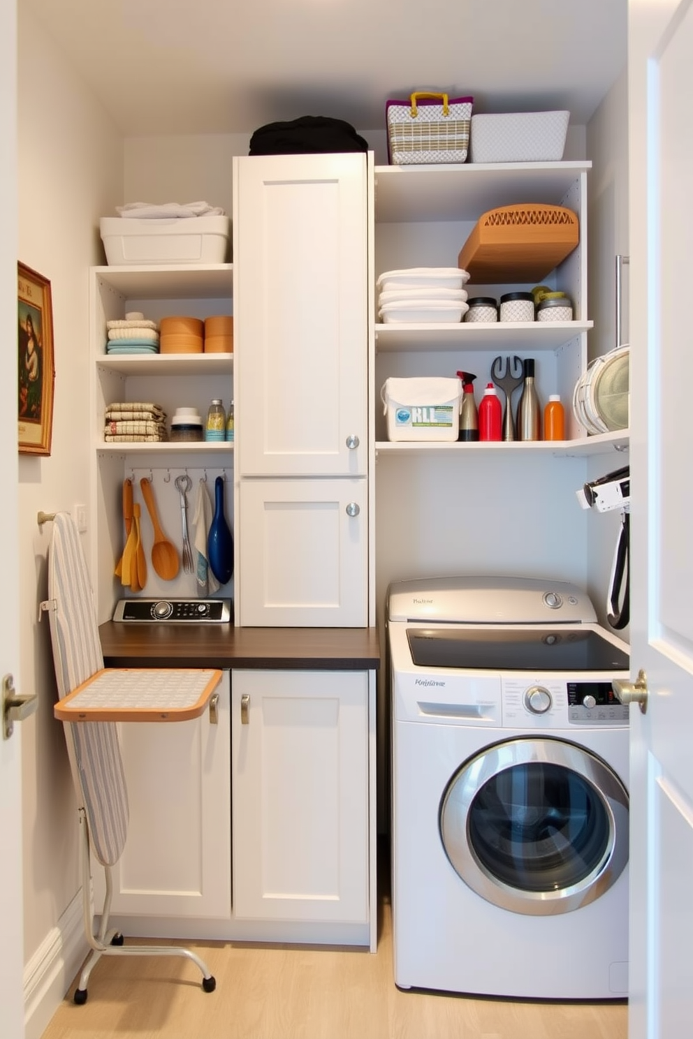 A functional utility room with vertical storage solutions designed to maximize space. Shelving units reach up to the ceiling, neatly organizing cleaning supplies and tools, while a compact washer and dryer are seamlessly integrated into the cabinetry. The room features a light color palette to create an airy feel, with durable flooring that can withstand spills. A small fold-out ironing board is cleverly tucked away, providing convenience without sacrificing space.