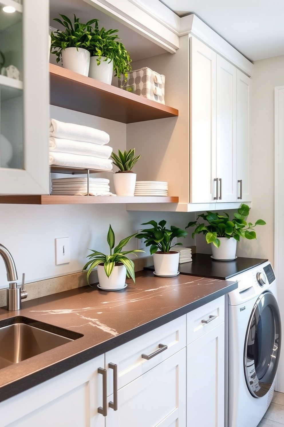 Open shelving lines the walls of a utility room, providing easy access to frequently used items like cleaning supplies and tools. The space is designed with a functional layout, featuring a combination of a laundry room and utility area, with ample natural light streaming in through a window. The shelves are made of sturdy wood, displaying neatly organized baskets and containers for a tidy appearance. A stylish countertop sits beneath the shelving, offering a convenient workspace for folding laundry and sorting items.