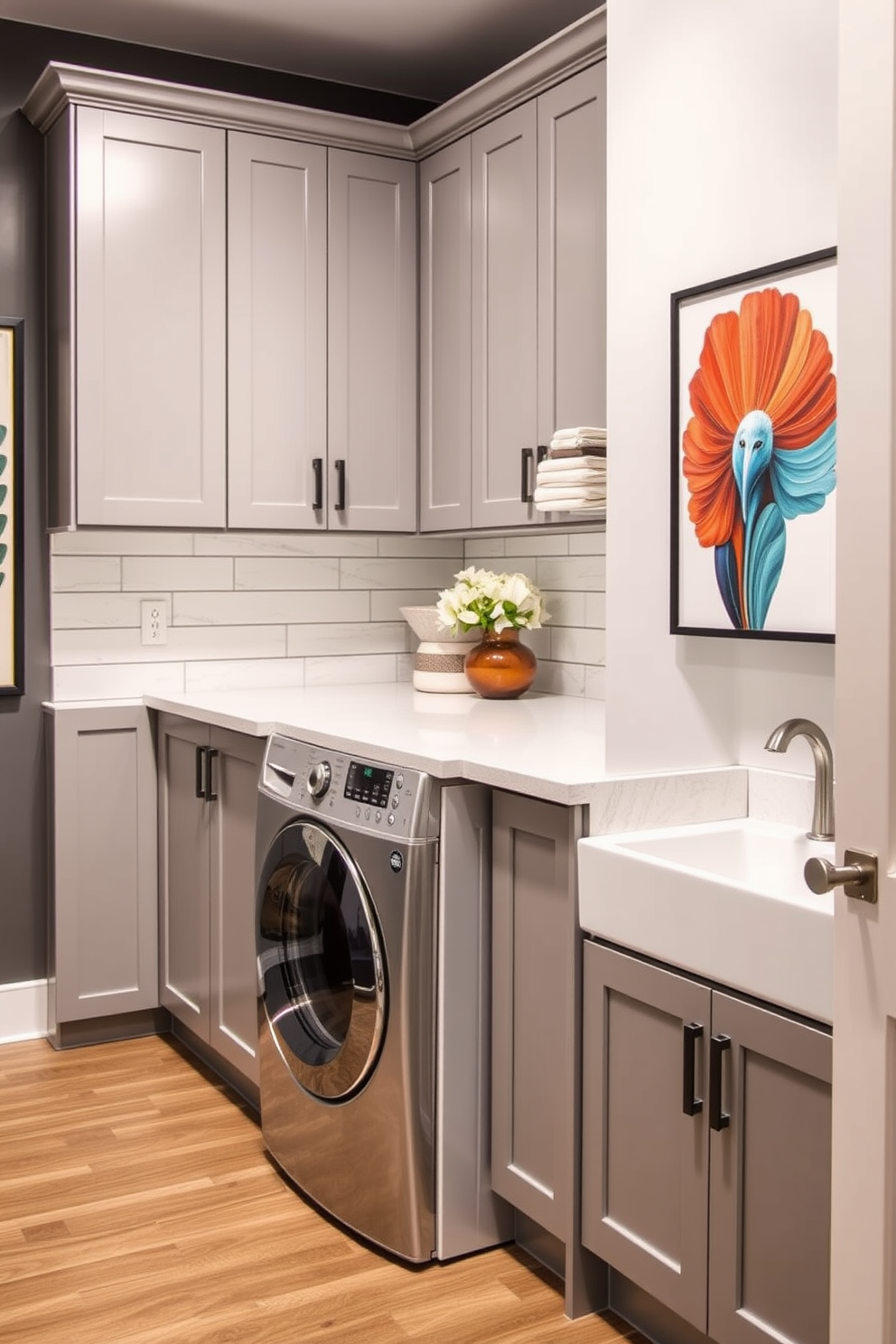 A modern utility room features a built-in pet washing station seamlessly integrated into the cabinetry. The area includes a spacious countertop for folding laundry, with a stylish sink and storage for pet supplies. The laundry room combo showcases efficient use of space with stacked washer and dryer units. Bright lighting illuminates the room, while a durable floor allows for easy cleaning after pet baths.