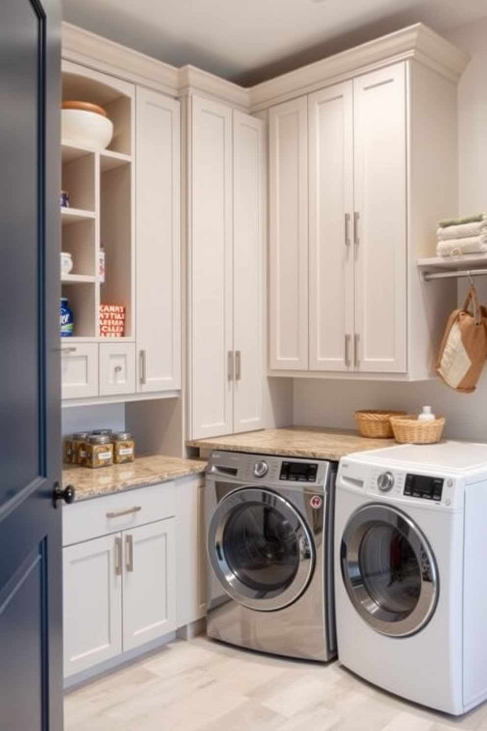 Custom cabinetry designed for a utility room and laundry room combo maximizes storage while maintaining an organized and functional space. The cabinetry features a mix of open shelves and closed cabinets, with a sleek finish that complements the overall aesthetic of the room. Incorporate a countertop for folding laundry, seamlessly integrated into the cabinetry design. The color palette includes soft neutrals with accent colors to create a welcoming and efficient environment.