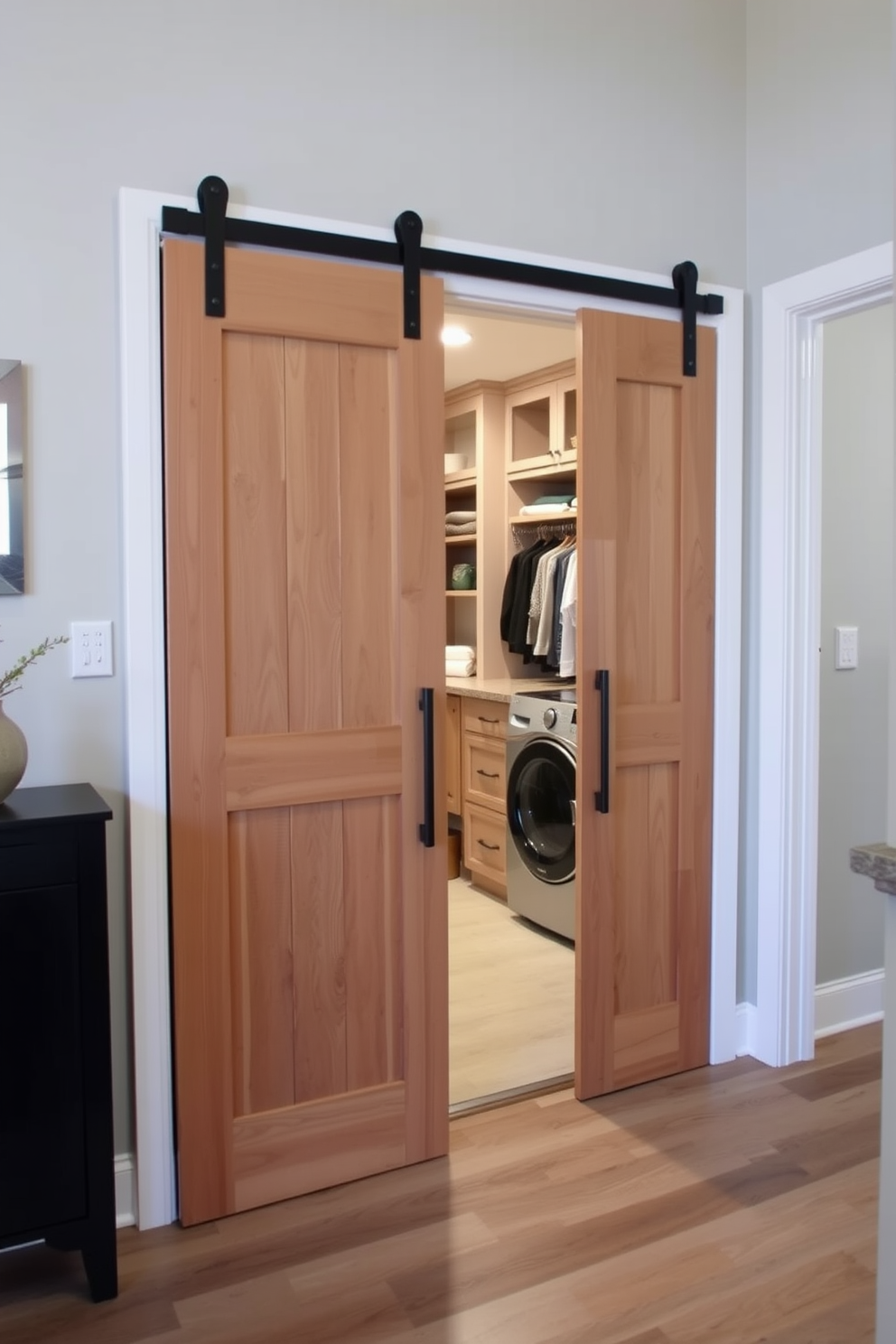 A stylish entry features sliding barn doors made of reclaimed wood with a natural finish. The doors slide open to reveal a well-organized utility room that maximizes space and functionality. The laundry room combo design includes built-in shelving for storage and a countertop for folding clothes. Soft lighting illuminates the space, creating a warm and inviting atmosphere.