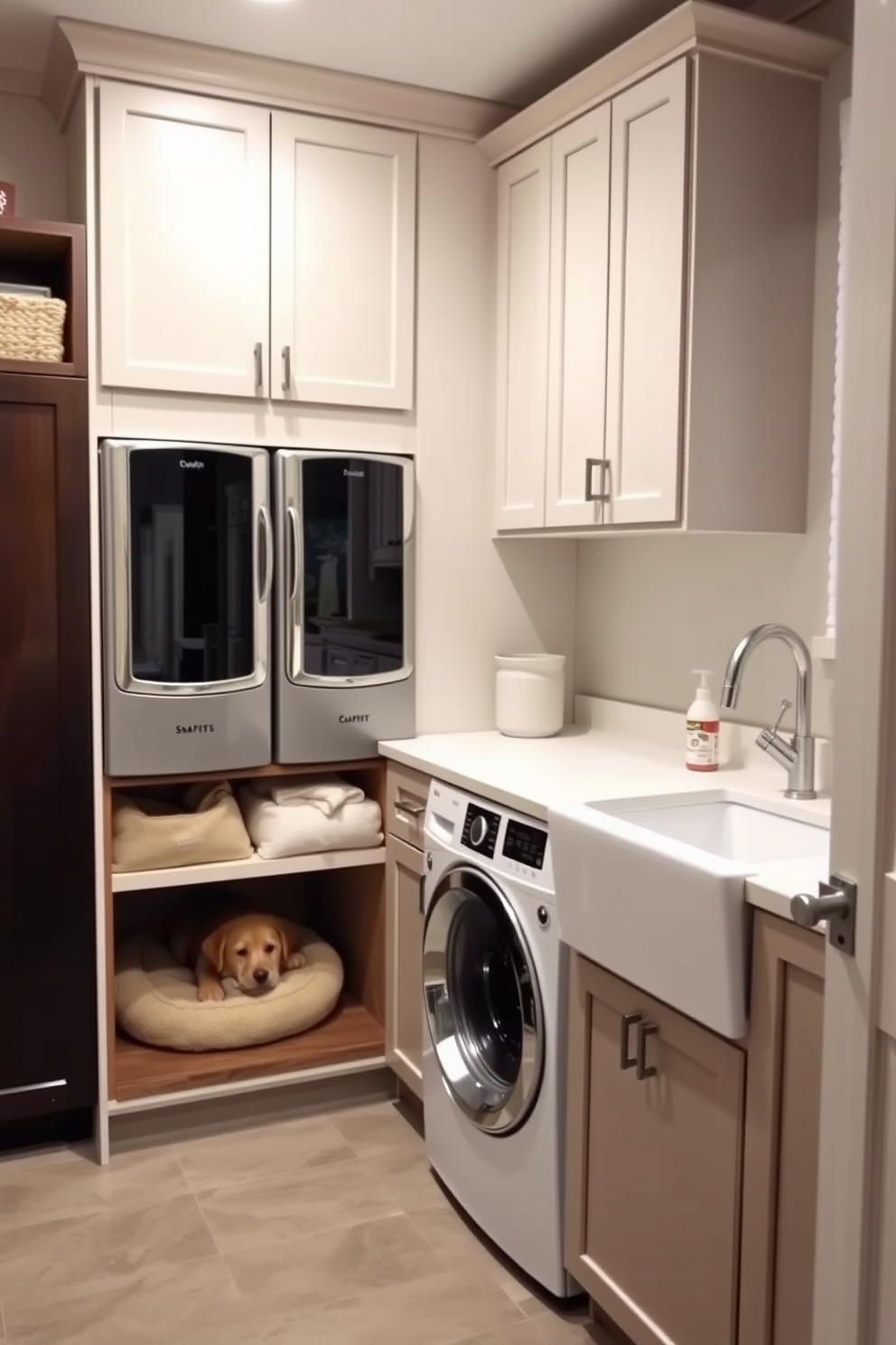 A utility room laundry room combo with a modern aesthetic. The space features sleek cabinetry in a soft gray finish with a built-in washer and dryer seamlessly integrated into the design. Above the countertop, open shelving displays neatly folded towels and storage baskets for organization. The walls are painted in a crisp white, and the floor is adorned with a durable, patterned vinyl that adds a touch of style. A large window allows natural light to flood the room, enhancing the bright and airy feel. Decorative artwork hangs on the walls, adding a personal touch and making the space feel inviting.