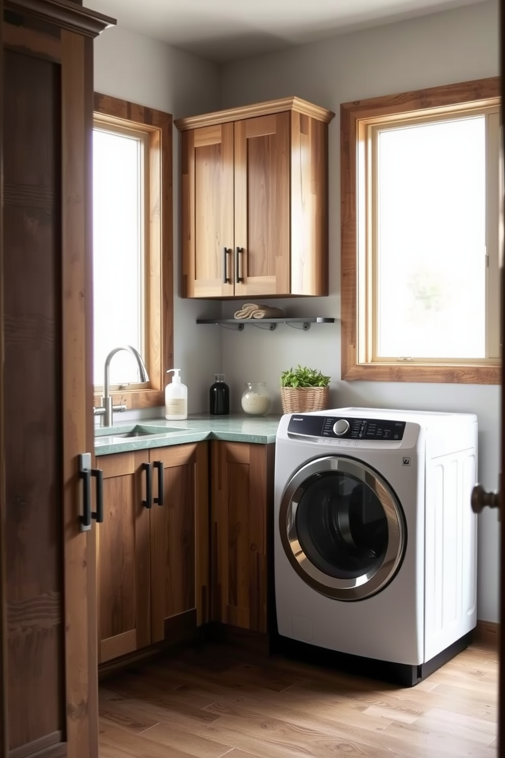 A utility room laundry room combo featuring sustainable materials and eco-friendly design elements. The cabinetry is made from reclaimed wood with a natural finish, and the countertops are crafted from recycled glass for a modern touch. Energy-efficient appliances are seamlessly integrated into the design, ensuring functionality while minimizing environmental impact. Soft, natural lighting floods the space through a large window, creating an inviting atmosphere that balances practicality with sustainability.