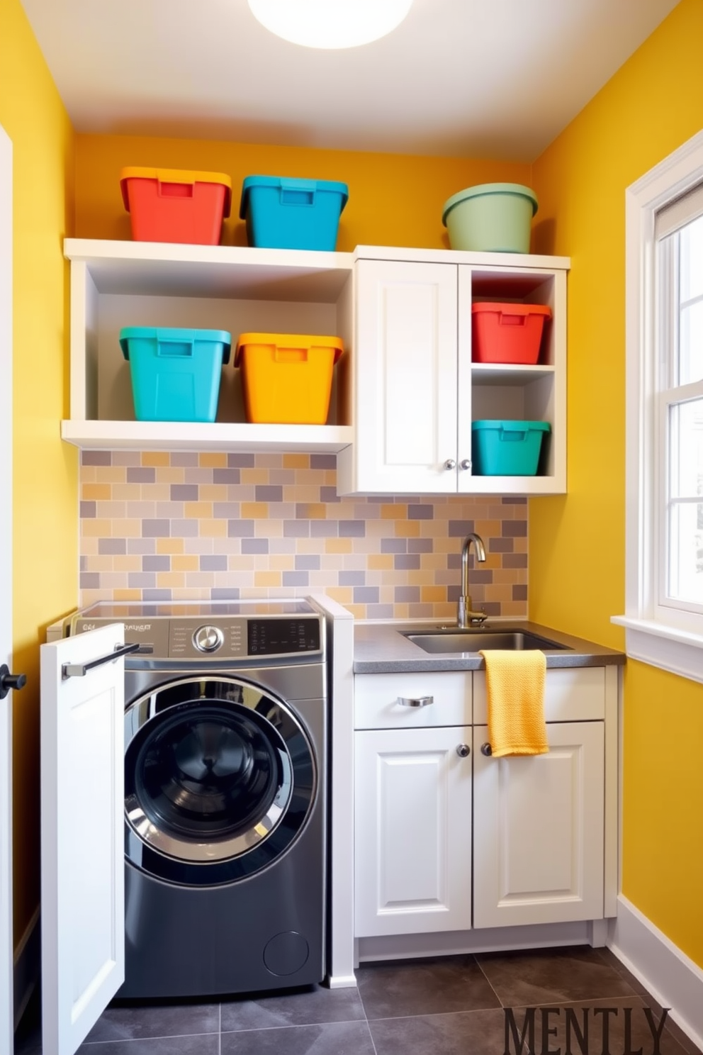 A vibrant tile backsplash in a utility room laundry combo adds a playful touch to the space. The tiles feature a mix of bright colors and geometric patterns, creating visual interest and a focal point in the otherwise functional area.