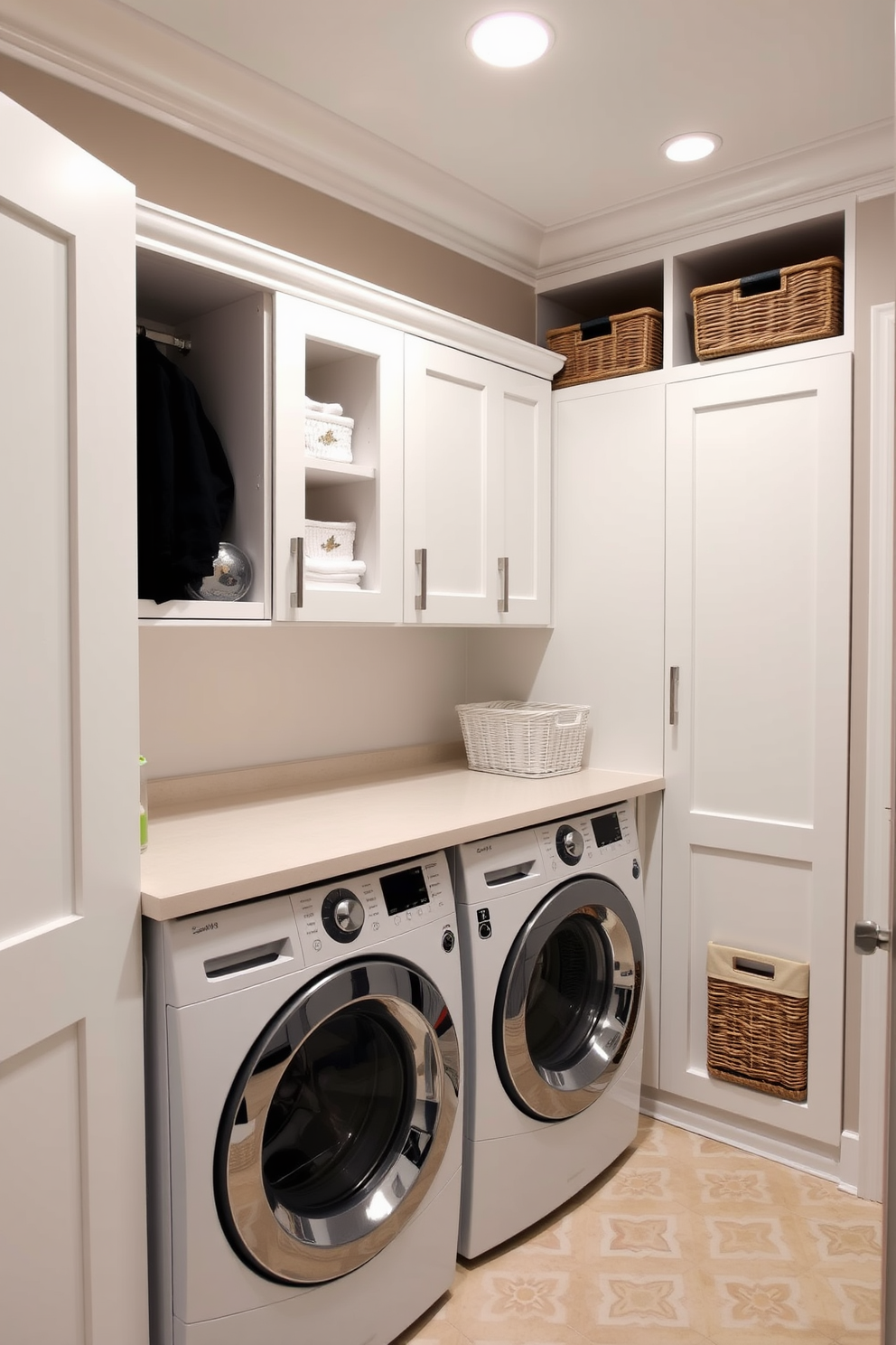 A modern utility room featuring a stacked washer and dryer unit positioned in a sleek cabinetry setup. The walls are painted in a soft gray tone, and the floor is adorned with light-colored vinyl planks for easy maintenance. To the right of the washer and dryer, there is a folding station with a wooden countertop. Shelves above the appliances hold neatly organized laundry supplies, while a small potted plant adds a touch of greenery to the space.