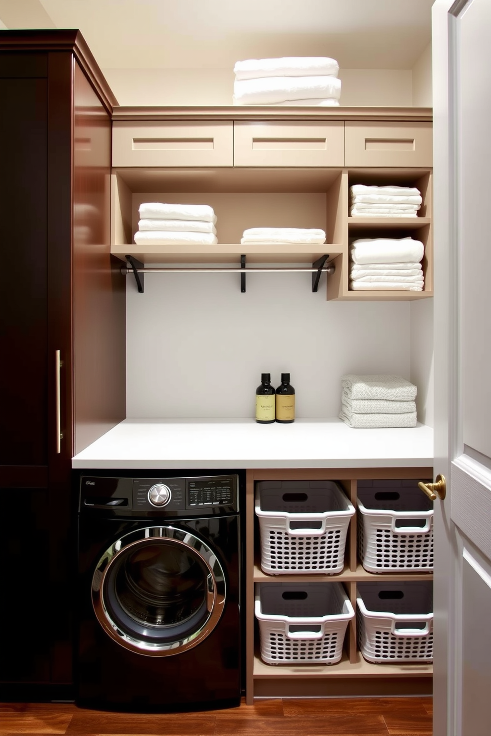 A stylish mudroom features a long bench with built-in storage cubbies underneath. The walls are painted in a soft gray, and a large window allows natural light to flood the space. The utility room combines functionality and aesthetics with sleek cabinetry and a countertop for folding clothes. A washer and dryer are neatly tucked away, and decorative baskets provide additional storage.