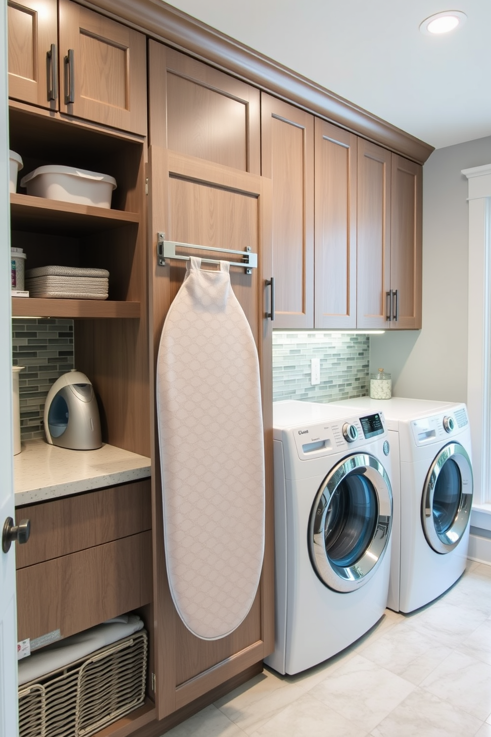 A functional utility room features a fold-down ironing board seamlessly integrated into the cabinetry for convenience. The laundry room showcases organized storage solutions, with bright lighting and a stylish backsplash that adds character to the space.