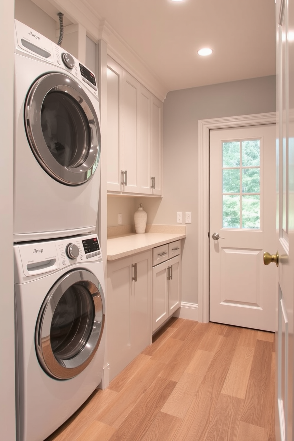 Durable flooring options for high-traffic areas include luxury vinyl planks that mimic the look of hardwood while providing exceptional resilience. Consider incorporating a neutral color palette to complement the overall design of the utility room laundry room combo. In this space, a functional layout features a stacked washer and dryer to maximize floor space. Add built-in cabinetry for storage and a countertop for folding laundry, ensuring the area remains organized and efficient.