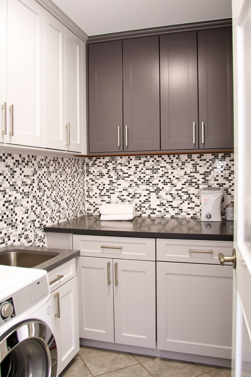 A utility room laundry room combo with a mosaic tile backsplash that adds a touch of style. The room features a sleek countertop for folding clothes and ample storage cabinets in a modern finish.