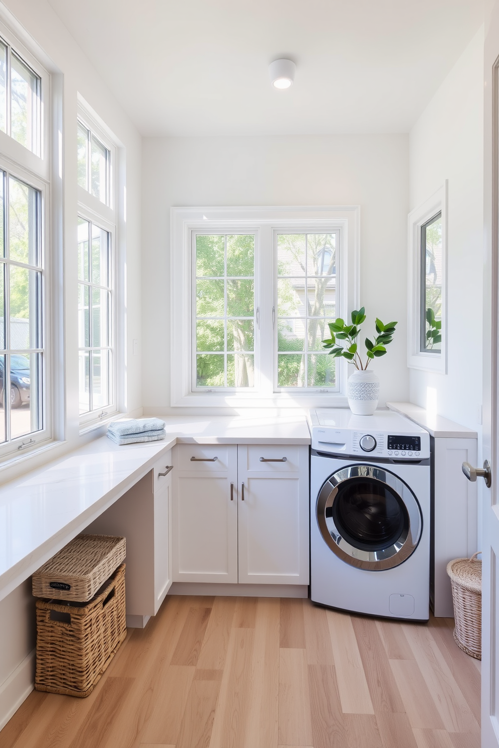 A bright and airy utility room laundry room combo features large windows that allow natural light to flood the space. The walls are painted in a soft white, complemented by light hardwood flooring that adds warmth to the area. The design includes a sleek countertop for folding clothes, with stylish baskets underneath for storage. A modern washer and dryer are seamlessly integrated into cabinetry, while a potted plant adds a touch of greenery.