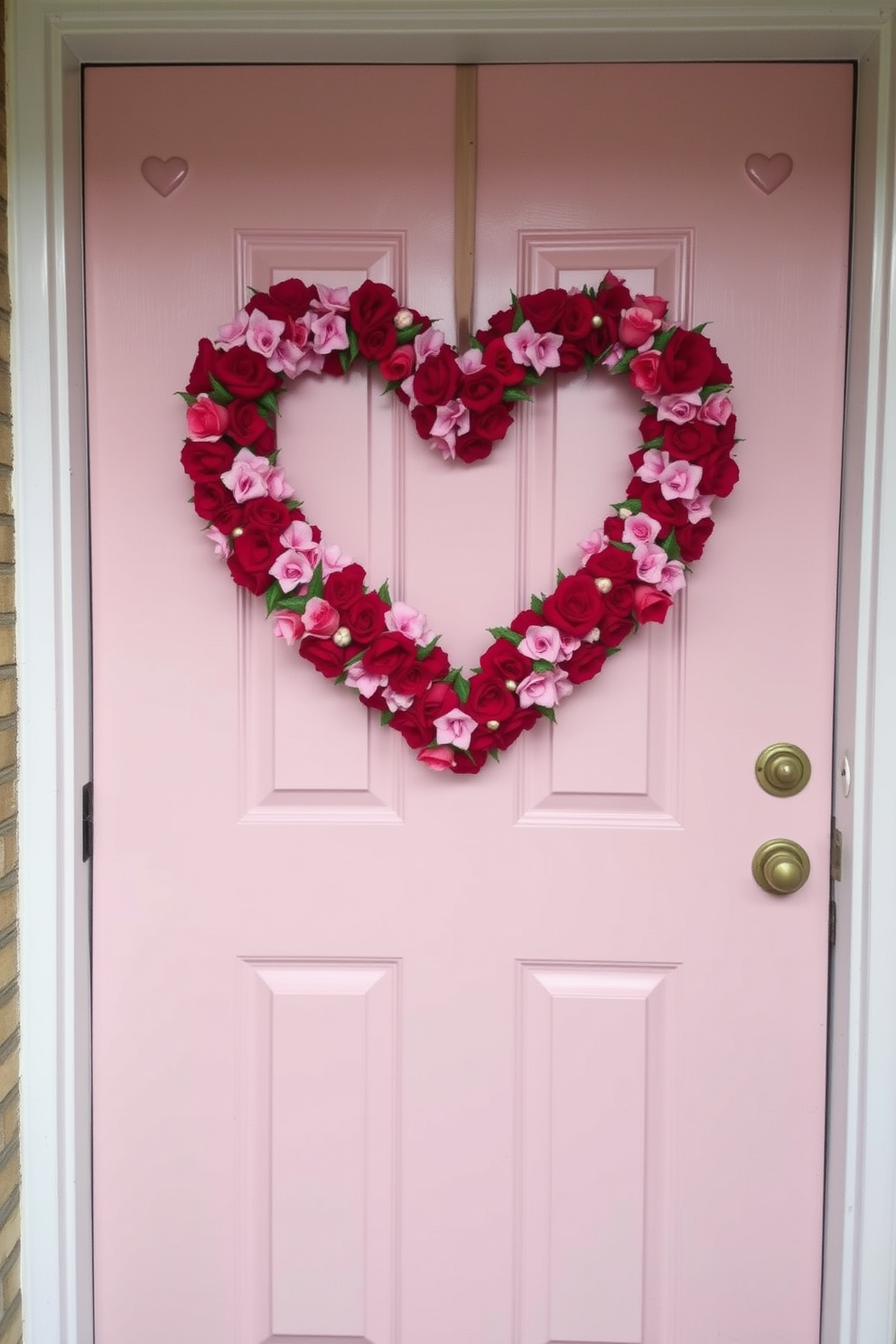 A heart shaped wreath made of red and pink flowers adorns the front door creating a warm and inviting entrance. The door is painted in a soft pastel color, complementing the festive theme of Valentine's Day.