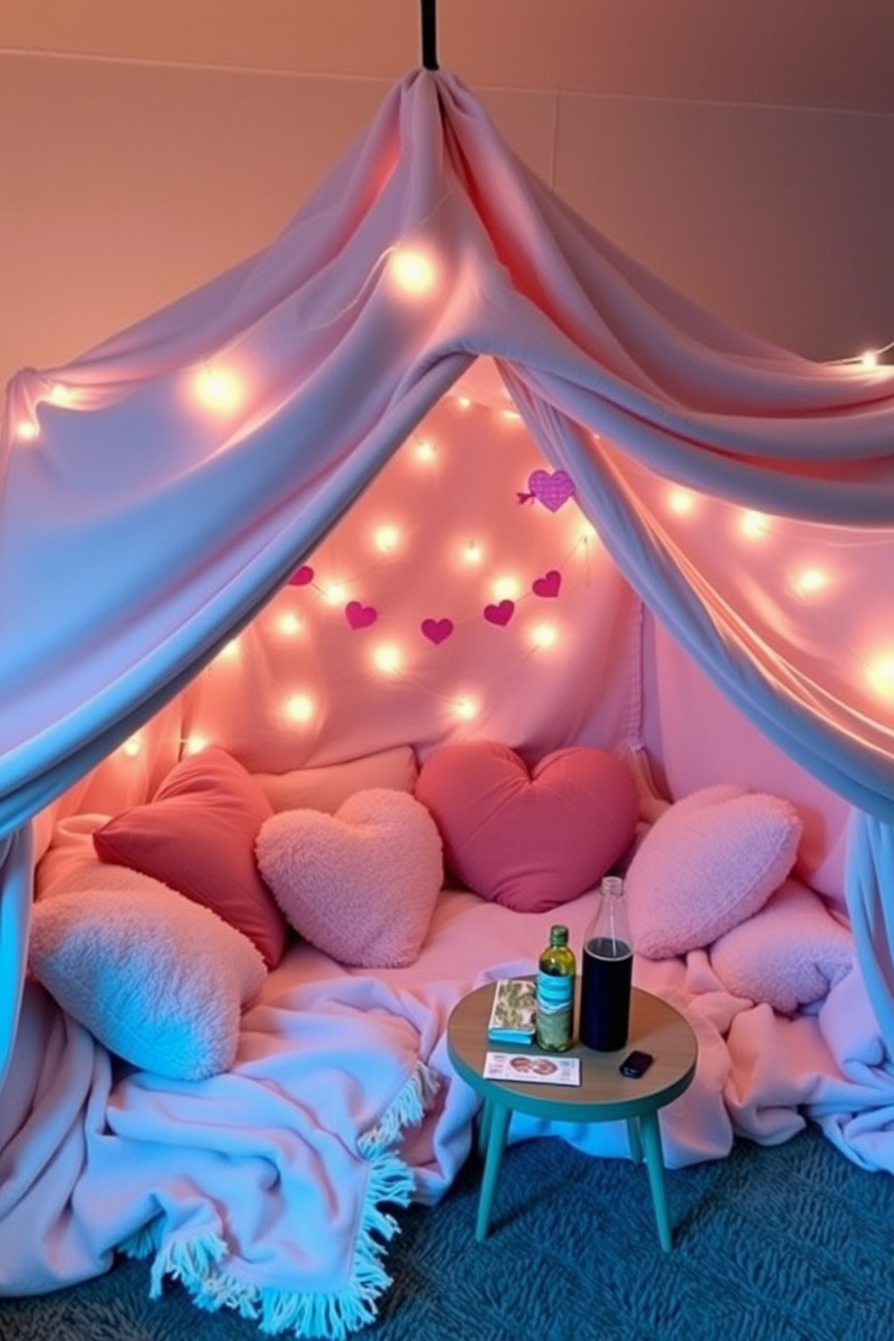 A cozy blanket fort is set up in the living room, draped with soft pastel blankets and fairy lights twinkling overhead. Plush cushions are scattered inside, creating a comfortable space for snuggling up and enjoying a movie night. For Valentine's Day, the fort is adorned with heart-shaped pillows and garlands made of paper hearts. A small table holds a selection of snacks and drinks, adding a festive touch to the romantic atmosphere.