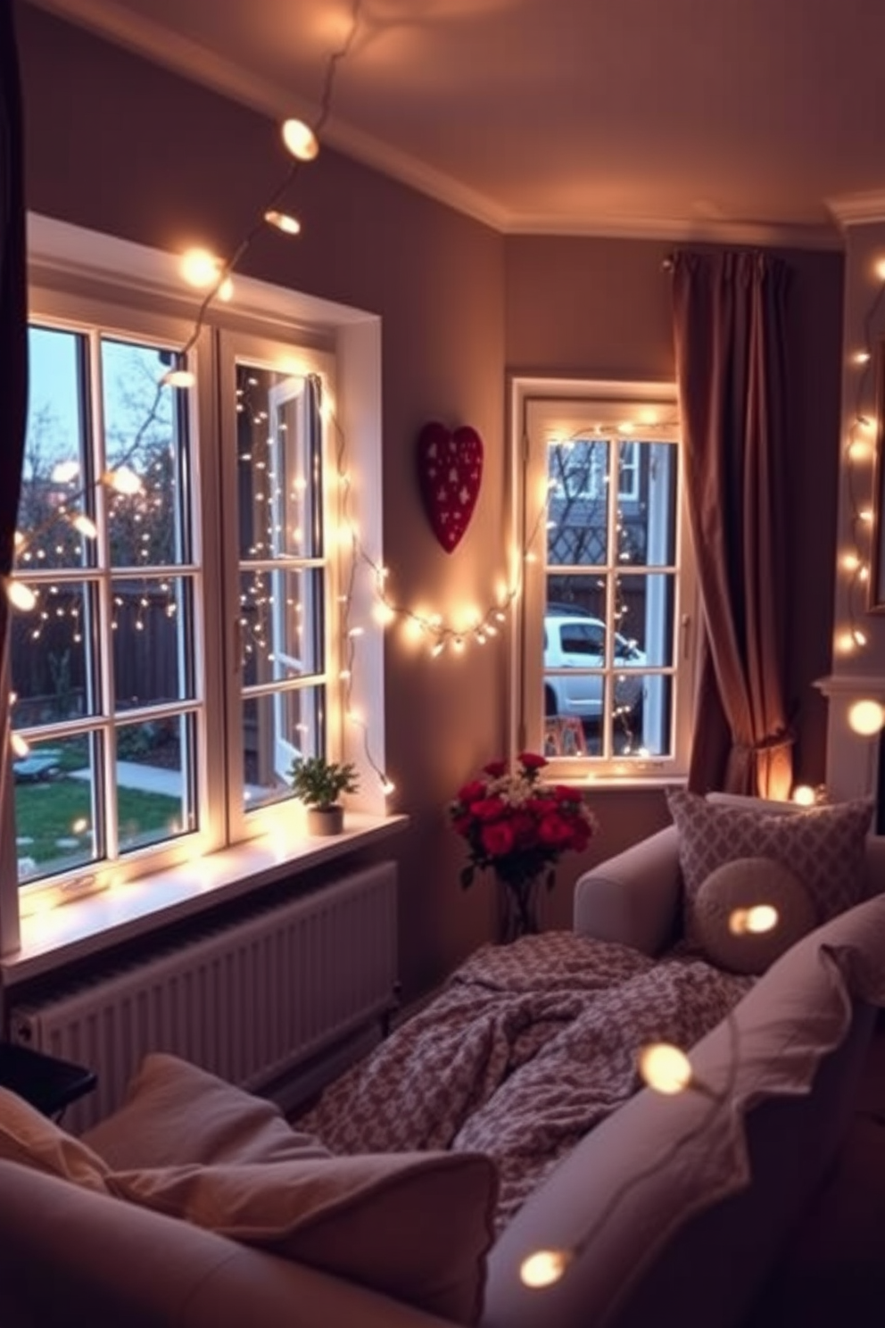 A cozy living space adorned with fairy lights draped gracefully across the window frames. The soft glow of the lights creates a romantic atmosphere perfect for Valentine's Day celebrations.